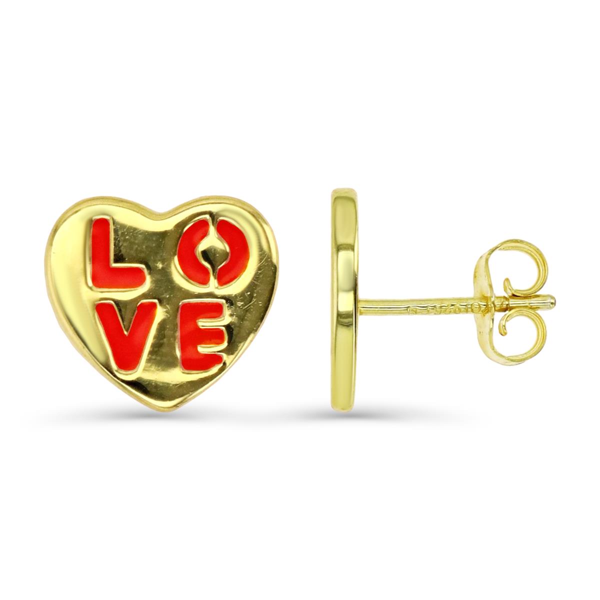 Sterling Silver Yellow 1M 12X11MM Red Enamel 'Love' Heart Shape Stud Earring