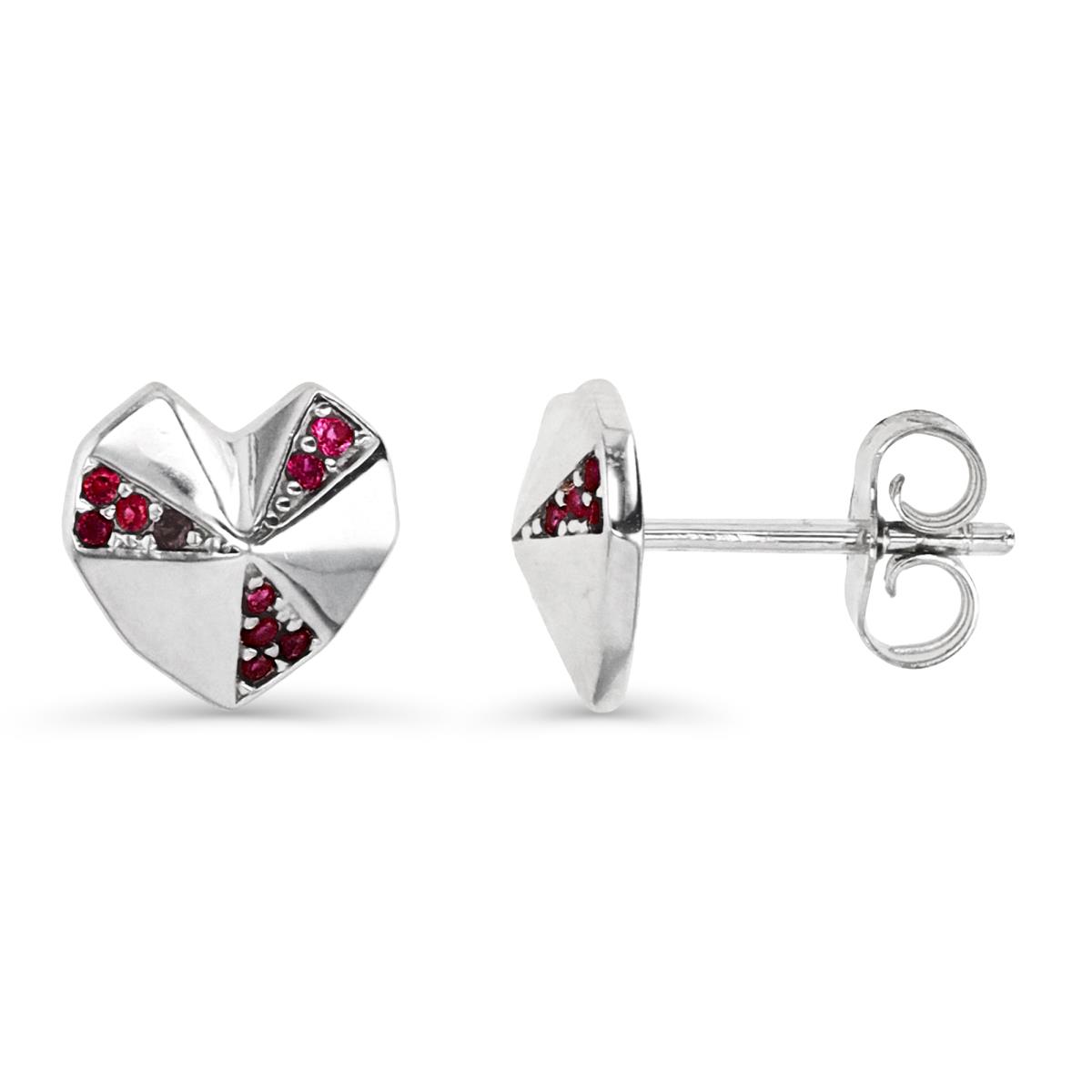 Sterling Silver Rhodium 8.5MM Cr Ruby #8 Origami Heart Stud Earring