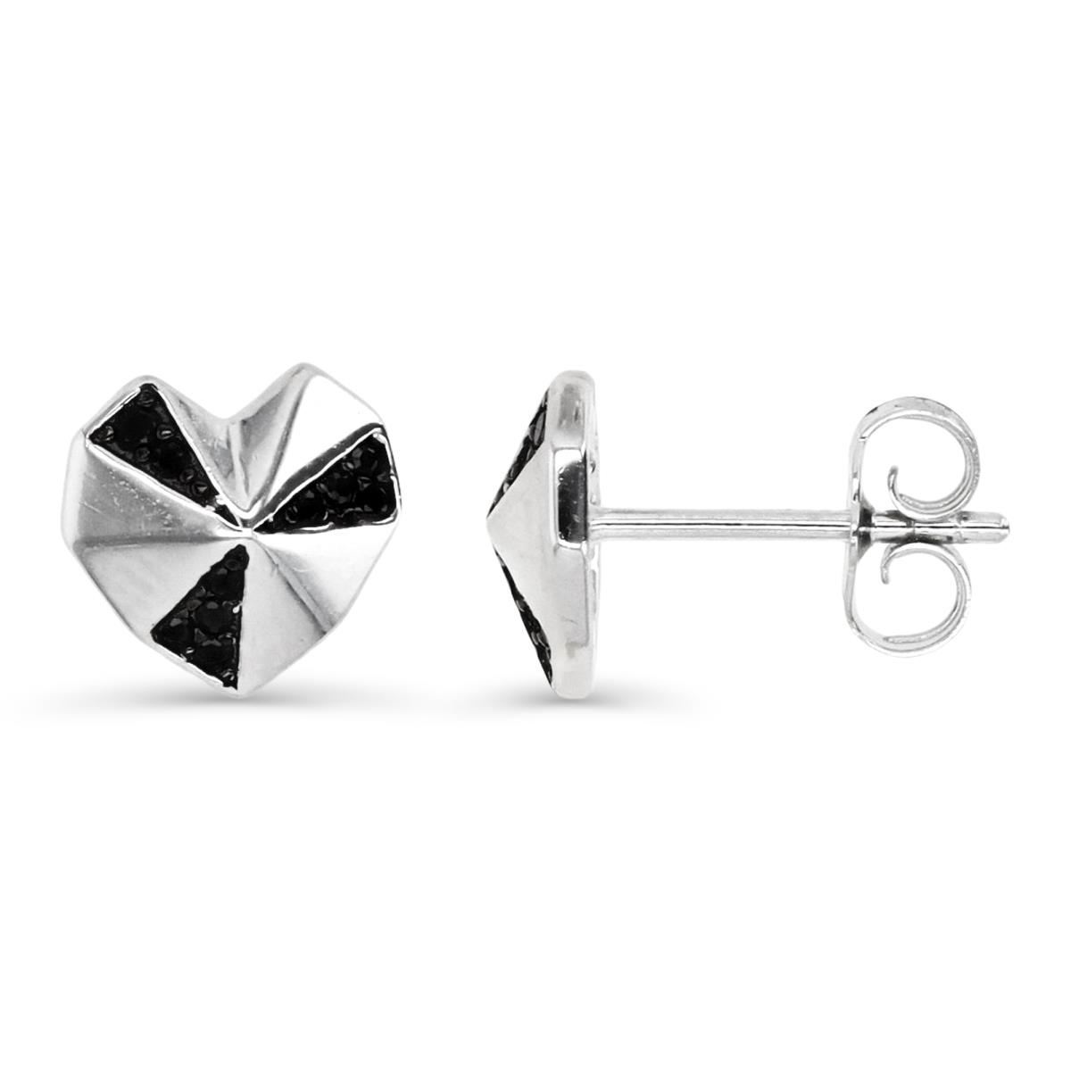 Sterling Silver Rhodium 8.5MM Black Spinel Origami Heart Stud Earring