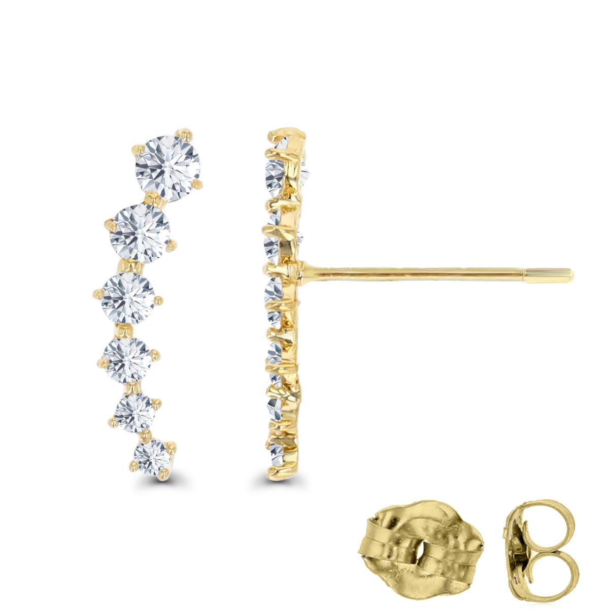 14K Yellow Gold Graduated Round Cut Ear Crawler CZ Stud Earring with Gold Butterfly Backs
