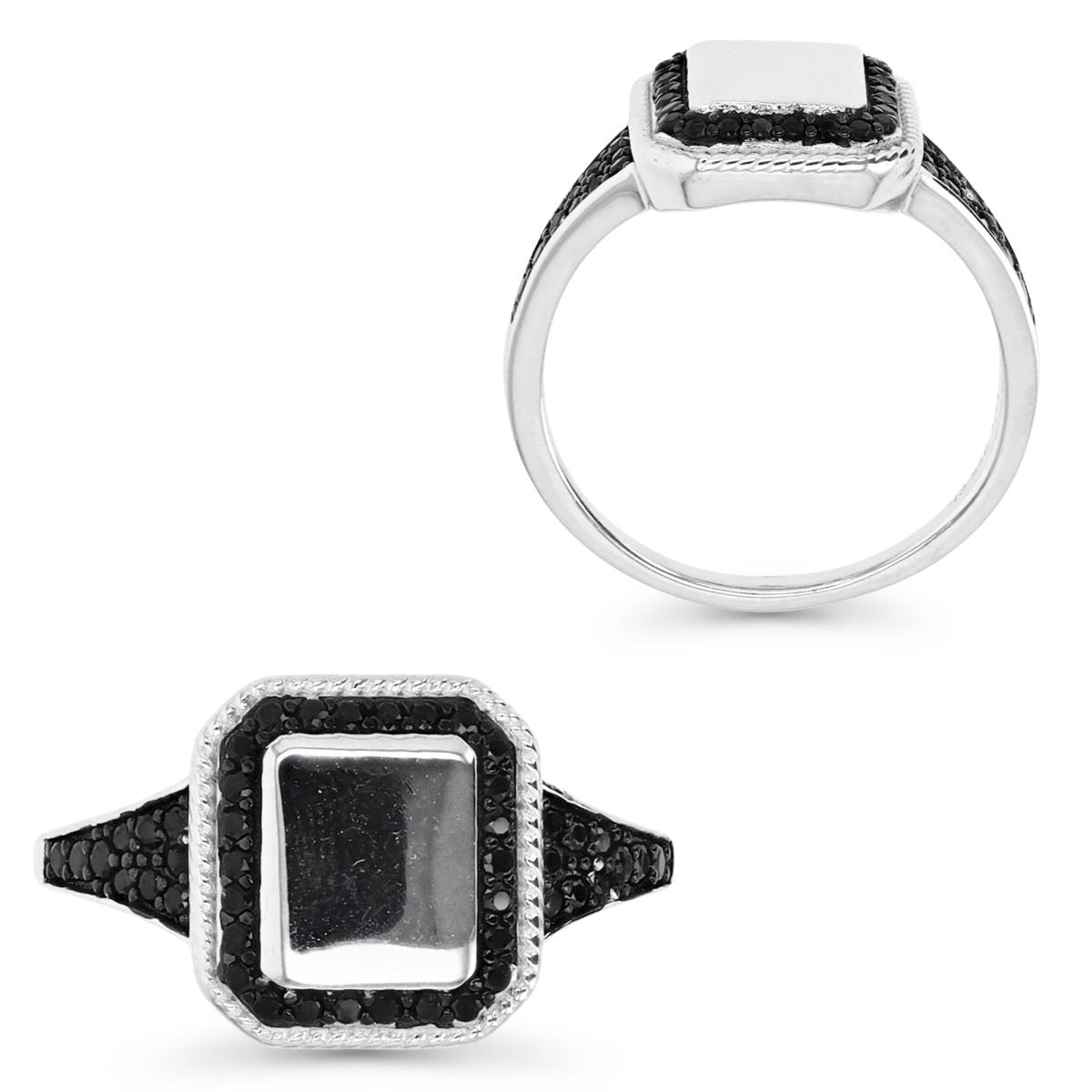 Sterling Silver Rhodium & Black Spinel Signet Ring