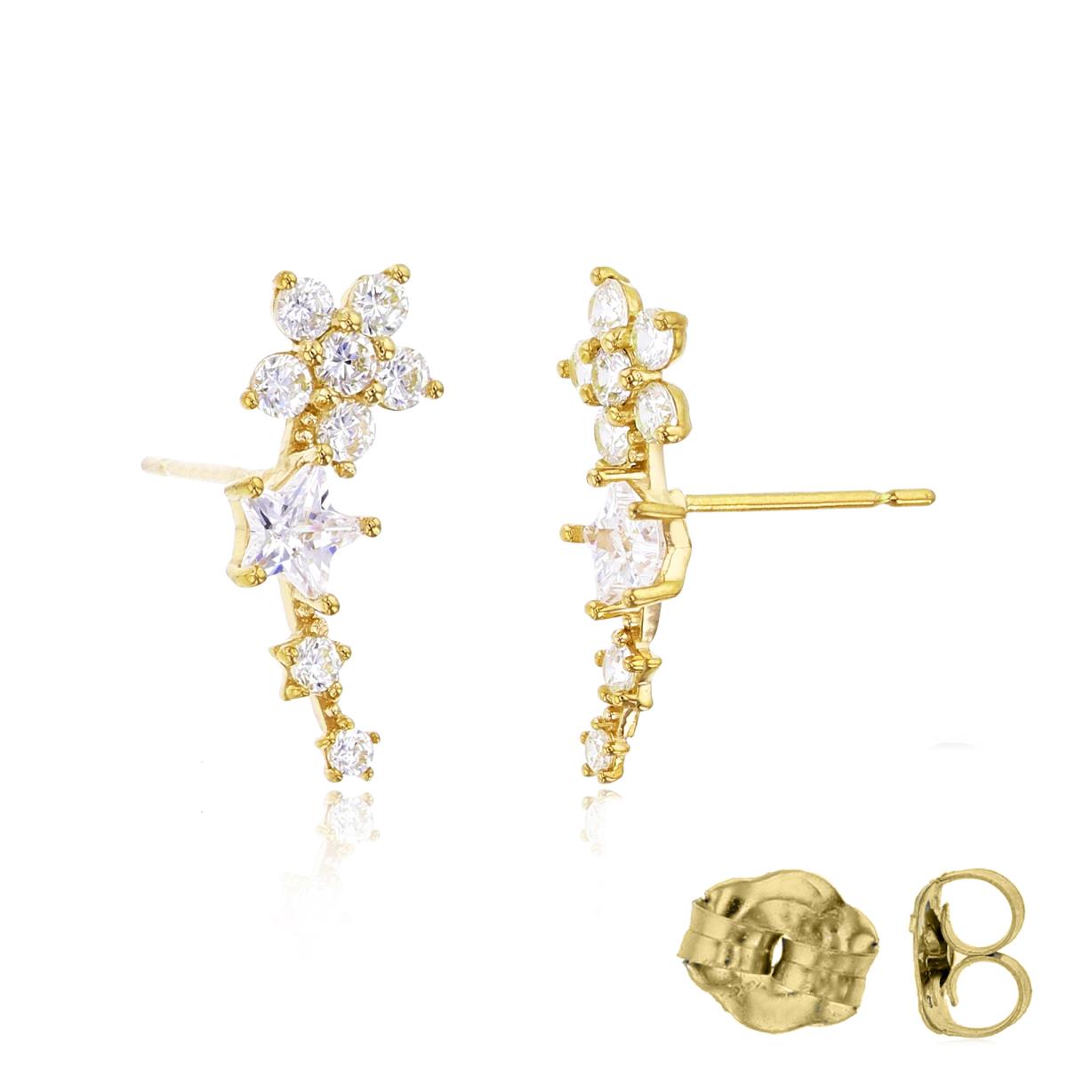 14K Yellow Gold Rnd & 4mm Star CZ Curve Ear Crawler with Gold Butterfly Backs