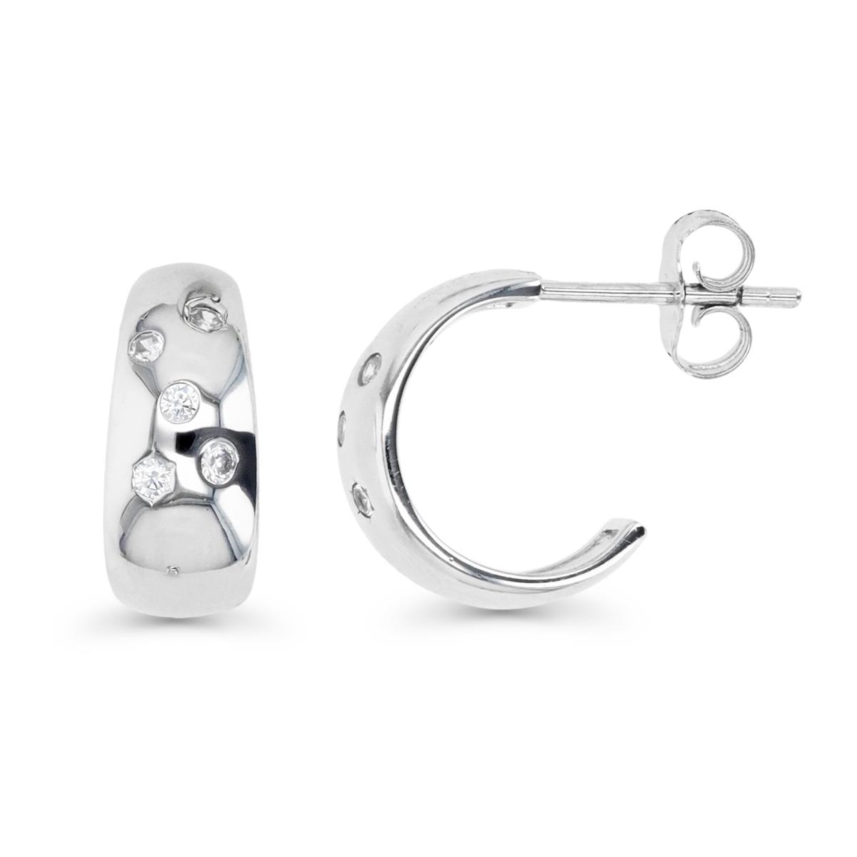 Sterling Silver Rhodium 14X6MM Polished White CZ Huggie Earring