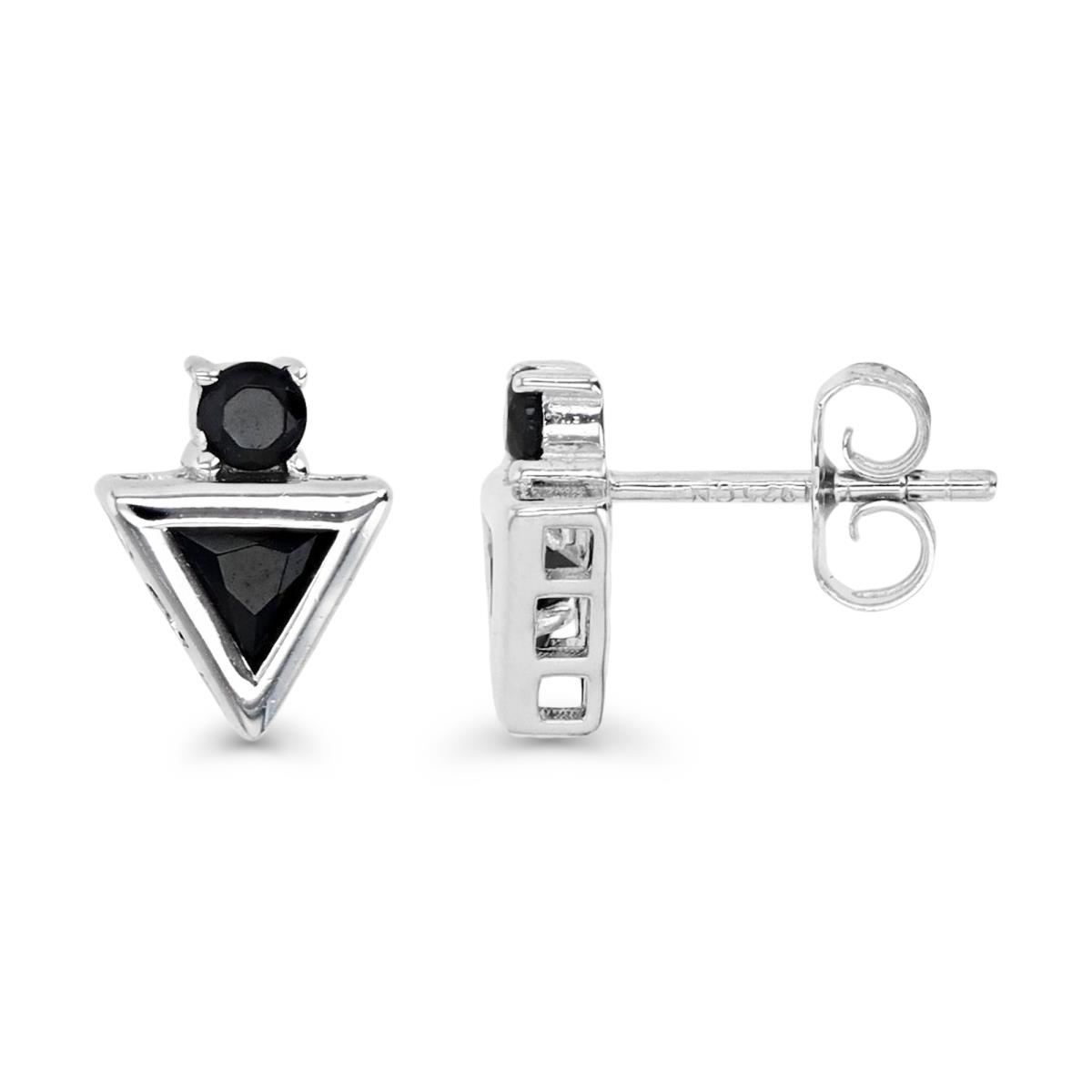 Sterling Silver Rhodium 10X8MM Polished Black Spinel Triangle Stud Earring
