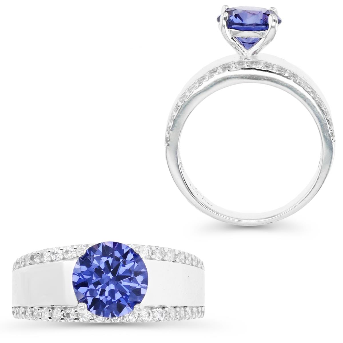 Sterling Silver Rhodium & 8mm Rd Ct. Tanzanite and White CZ Wide Band Engagement Ring