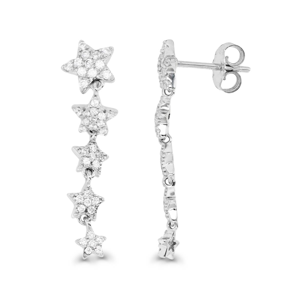 Sterling Silver Rhodium 30X7MM Polished White CZ Graduated Stars Dangling Earring