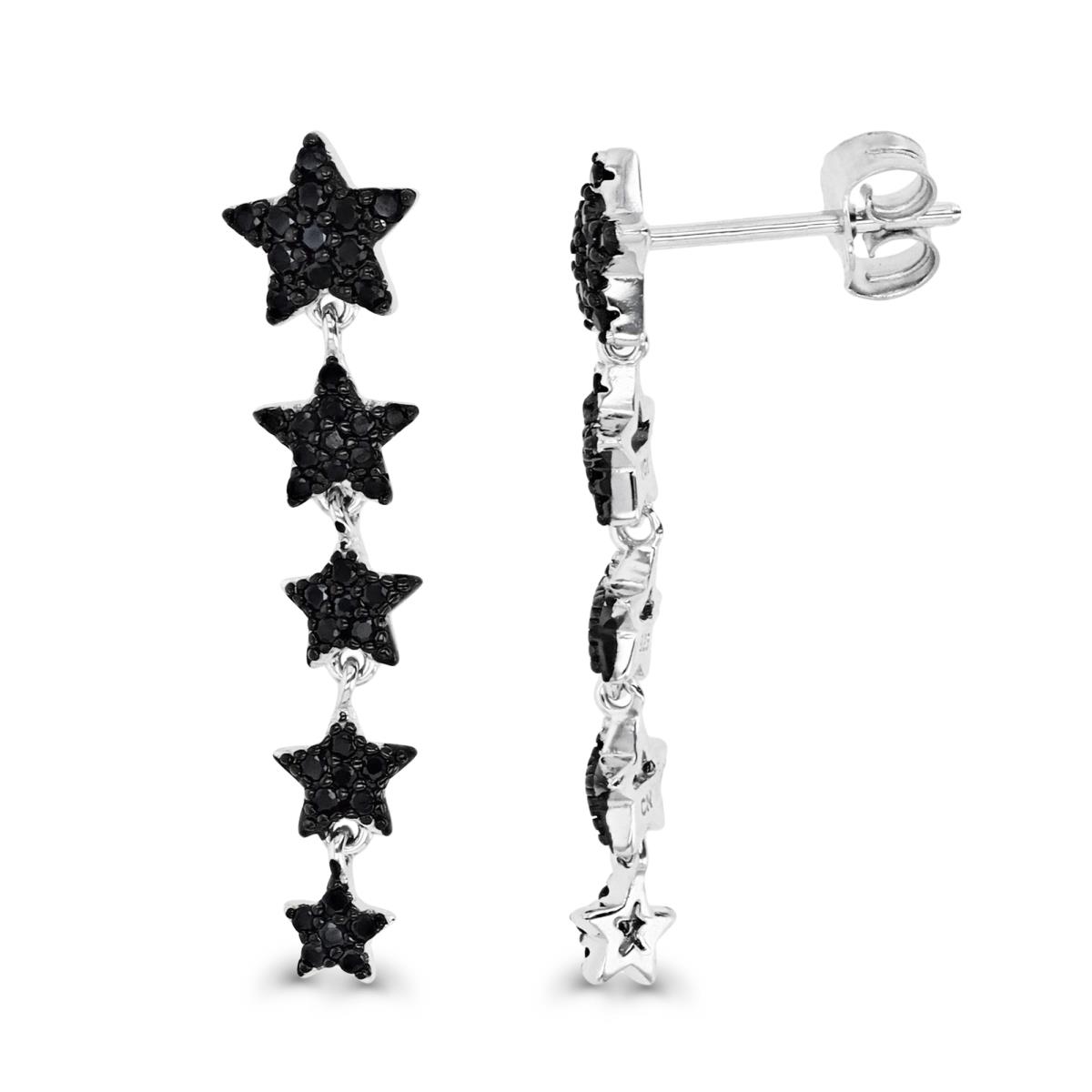 Sterling Silver Rhodium 30X7MM Polished Black Spinel Graduated Stars Dangling Earring