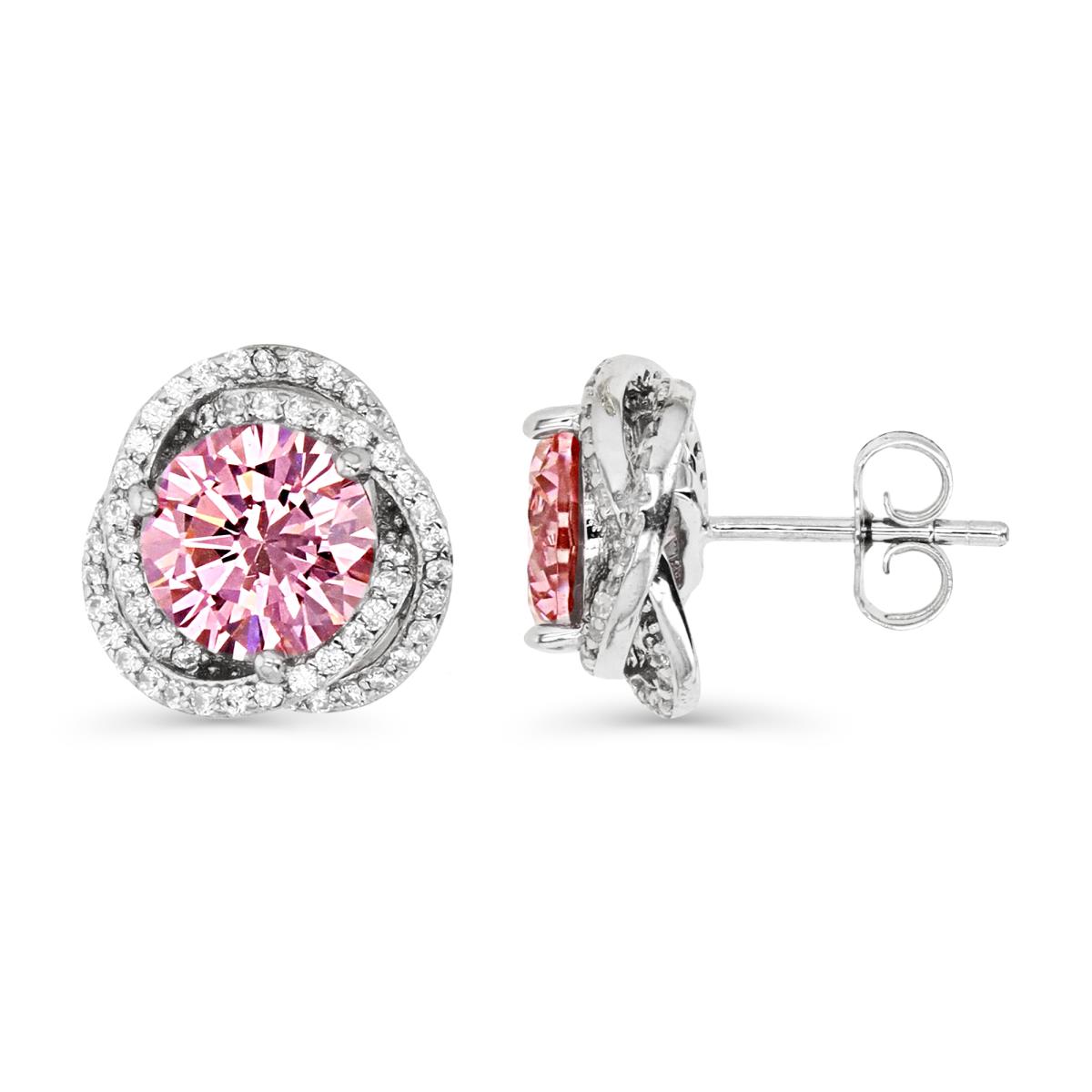 Sterling Silver Rhodium & 8MM Rd Ct. Pink and White CZ Love Knot Stud Earring
