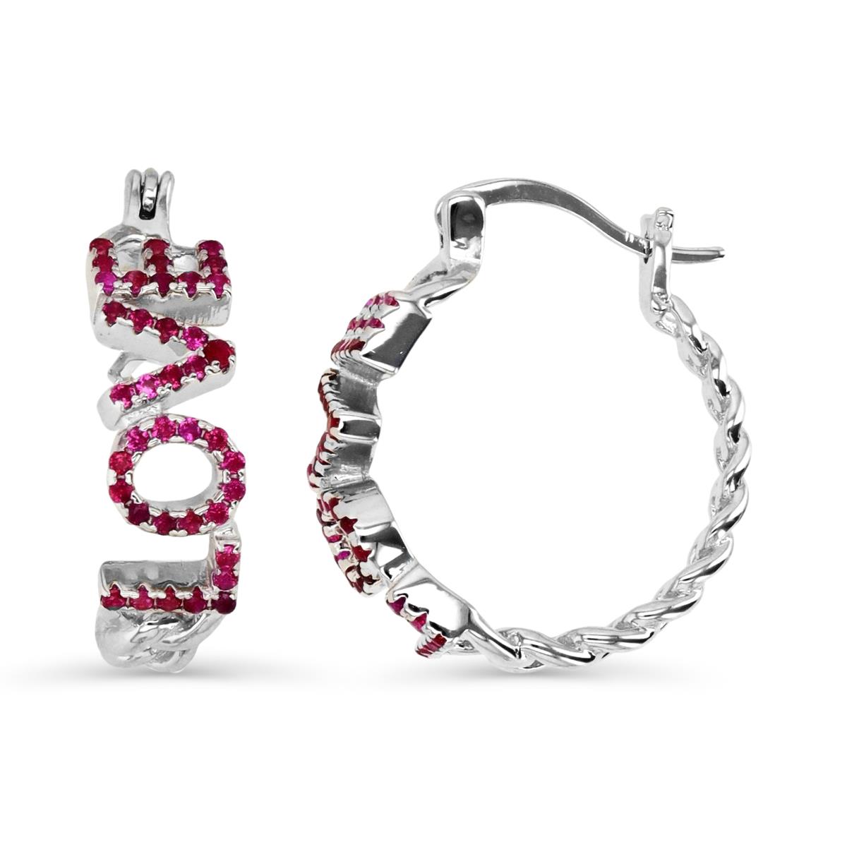 Sterling Silver Rhodium 20X6MM Polished Cr Ruby #8 "Love" Hoop Earring