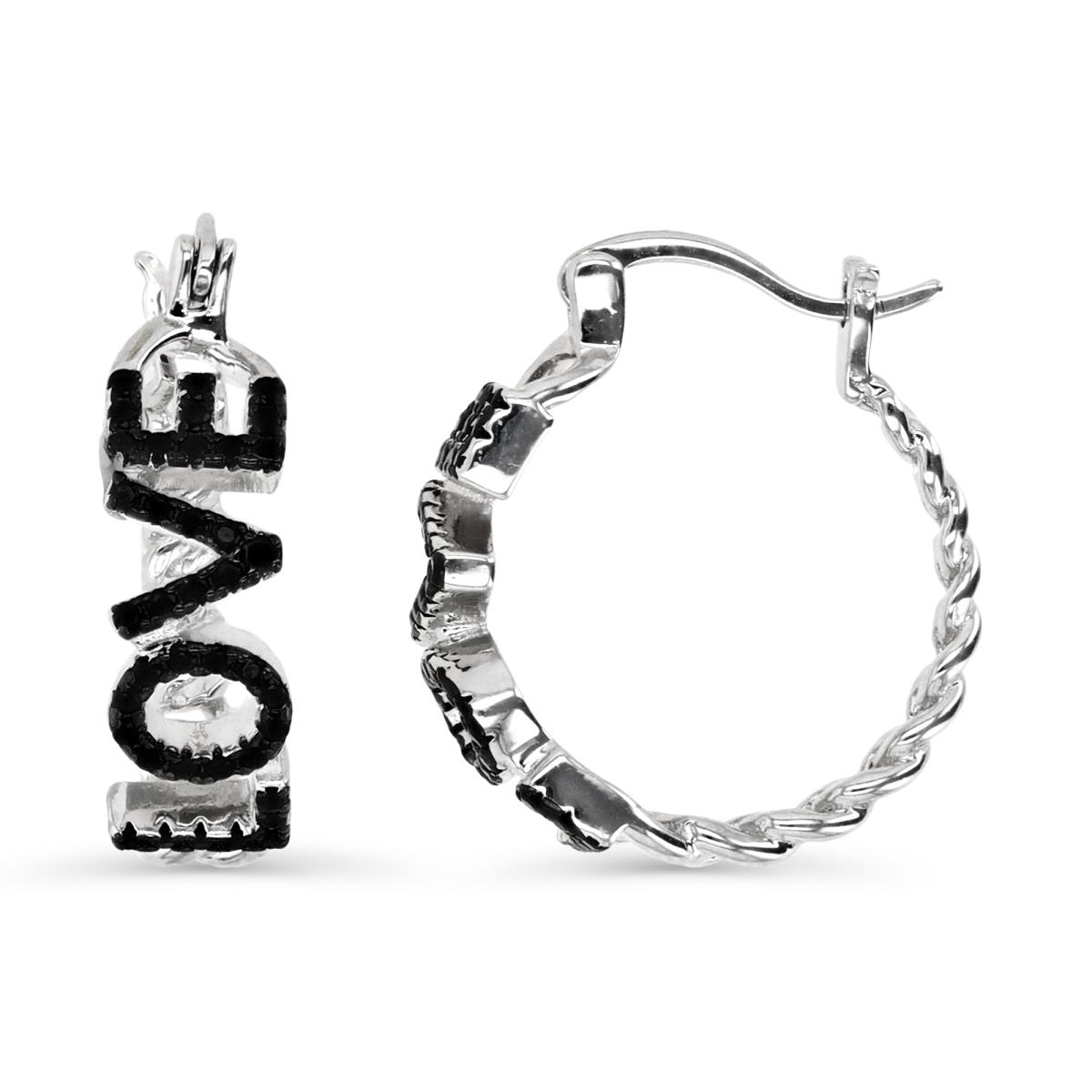 Sterling Silver Rhodium 20X6MM Polished Black Spinel "Love" Hoop Earring