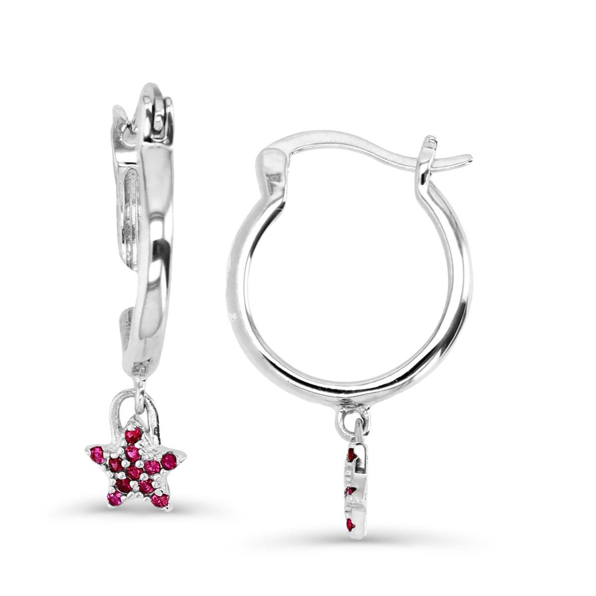 Sterling Silver Rhodium 25X2MM Polished Cr Ruby #8 Star Dangling Hoop Earring