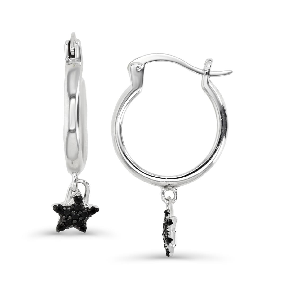 Sterling Silver Rhodium 25X2MM Polished Black Spinel Star Dangling Hoop Earring