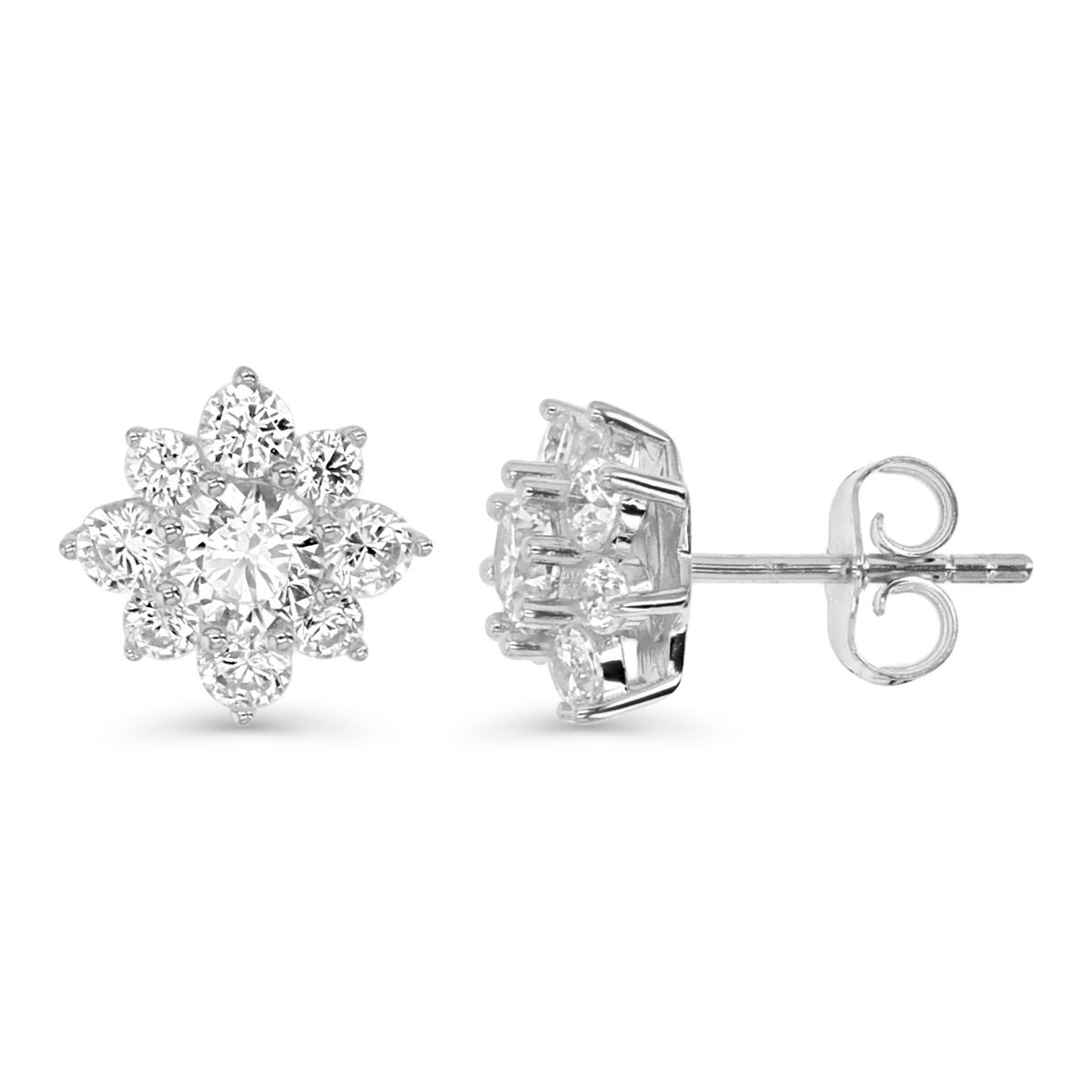 Sterling Silver Rhodium 9MM Polished White CZ Flower Stud Earring