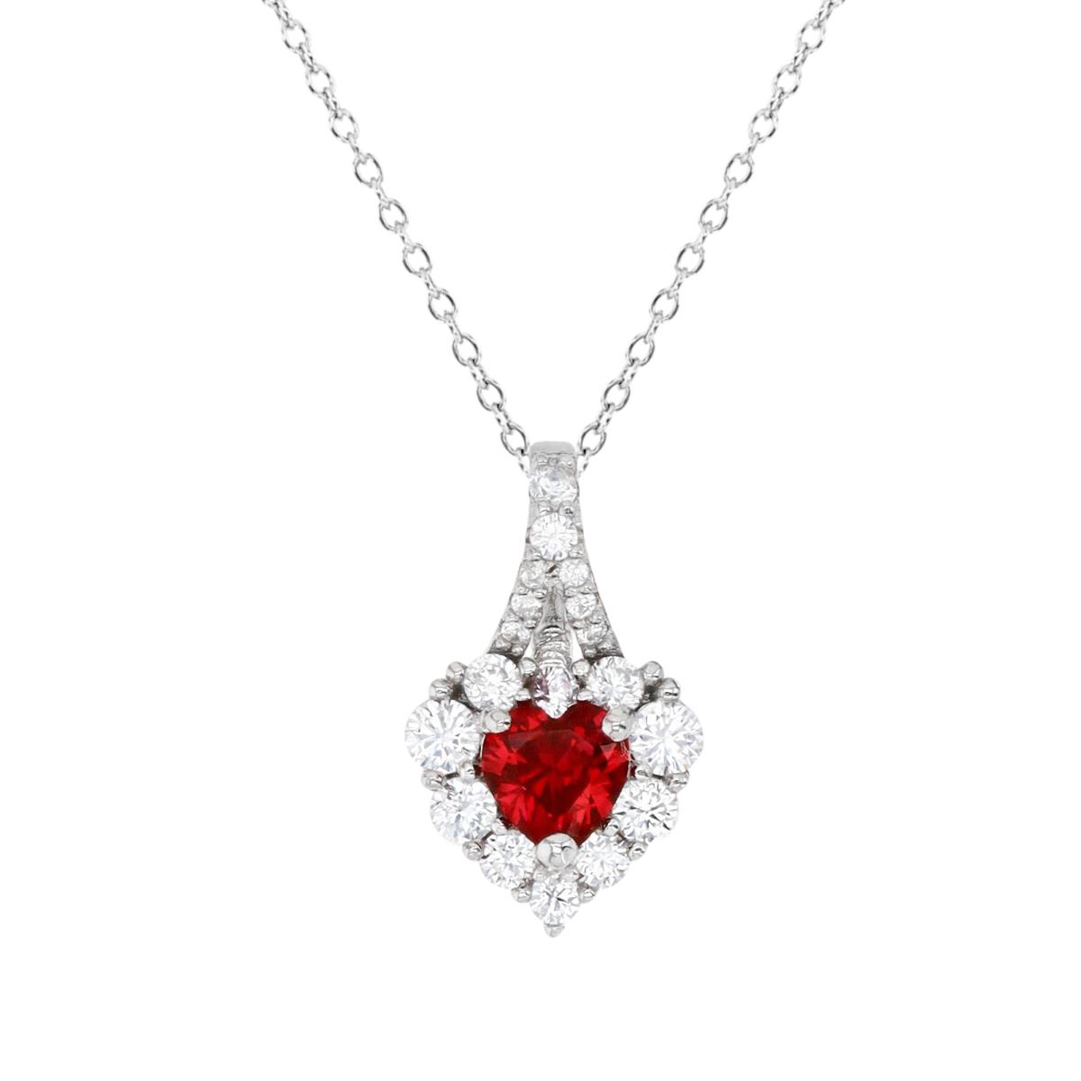 Sterling Silver Rhodium & Ruby #8 and White CZ Halo Heart with Pave Bail 18" Necklace