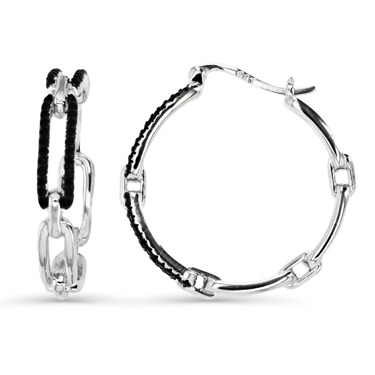 Sterling Silver Rhodium 28X4MM Polished Black Spinel Link Hoop Earring