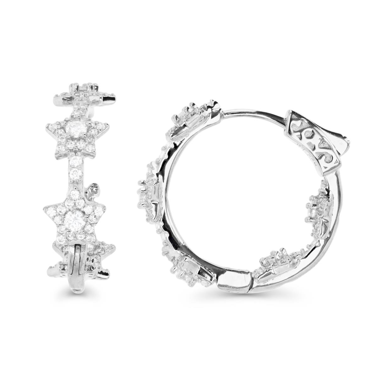 Sterling Silver Rhodium 20X7MM Polished White CZ Pave Star Hoop Earring