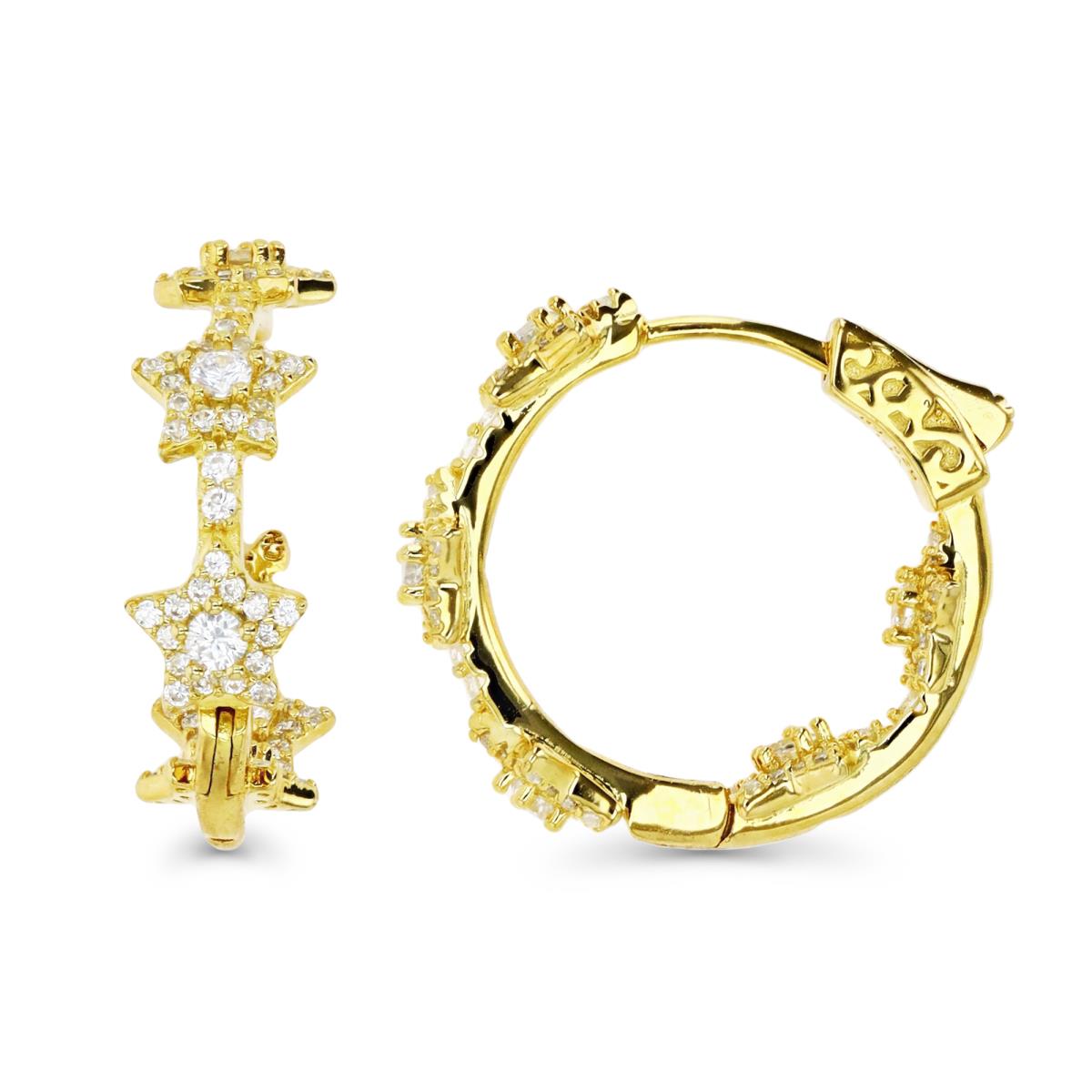 Sterling Silver Yellow 20X7MM Polished White CZ Pave Star Hoop Earring