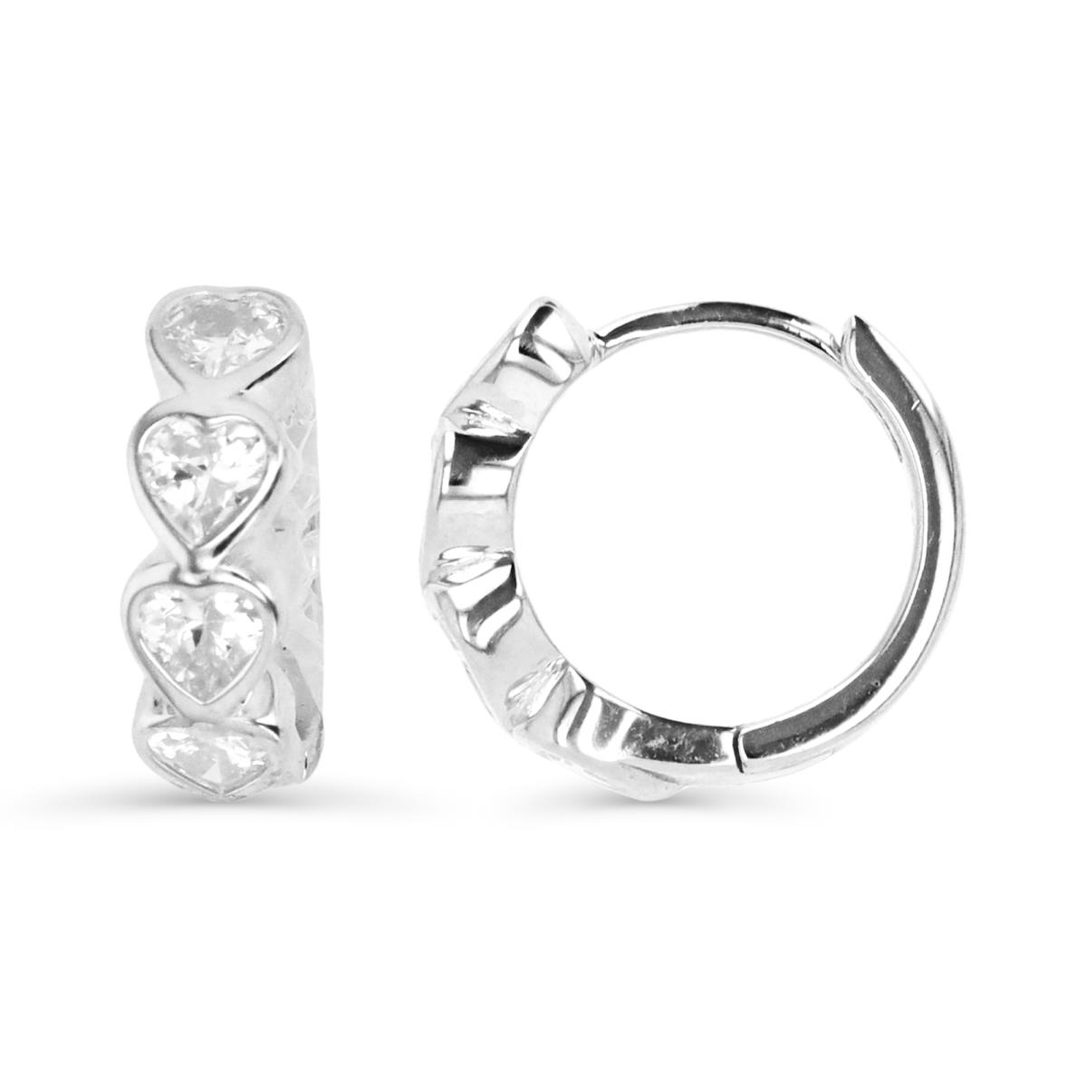 Sterling Silver Rhodium 14X4MM Polished White CZ 4- Heart Huggie Earring