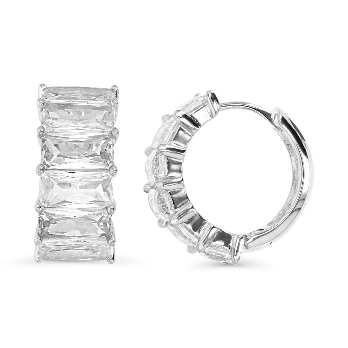 Sterling Silver Rhodium 19X9MM White CZ Emeald Cut Thick Hoop Earring