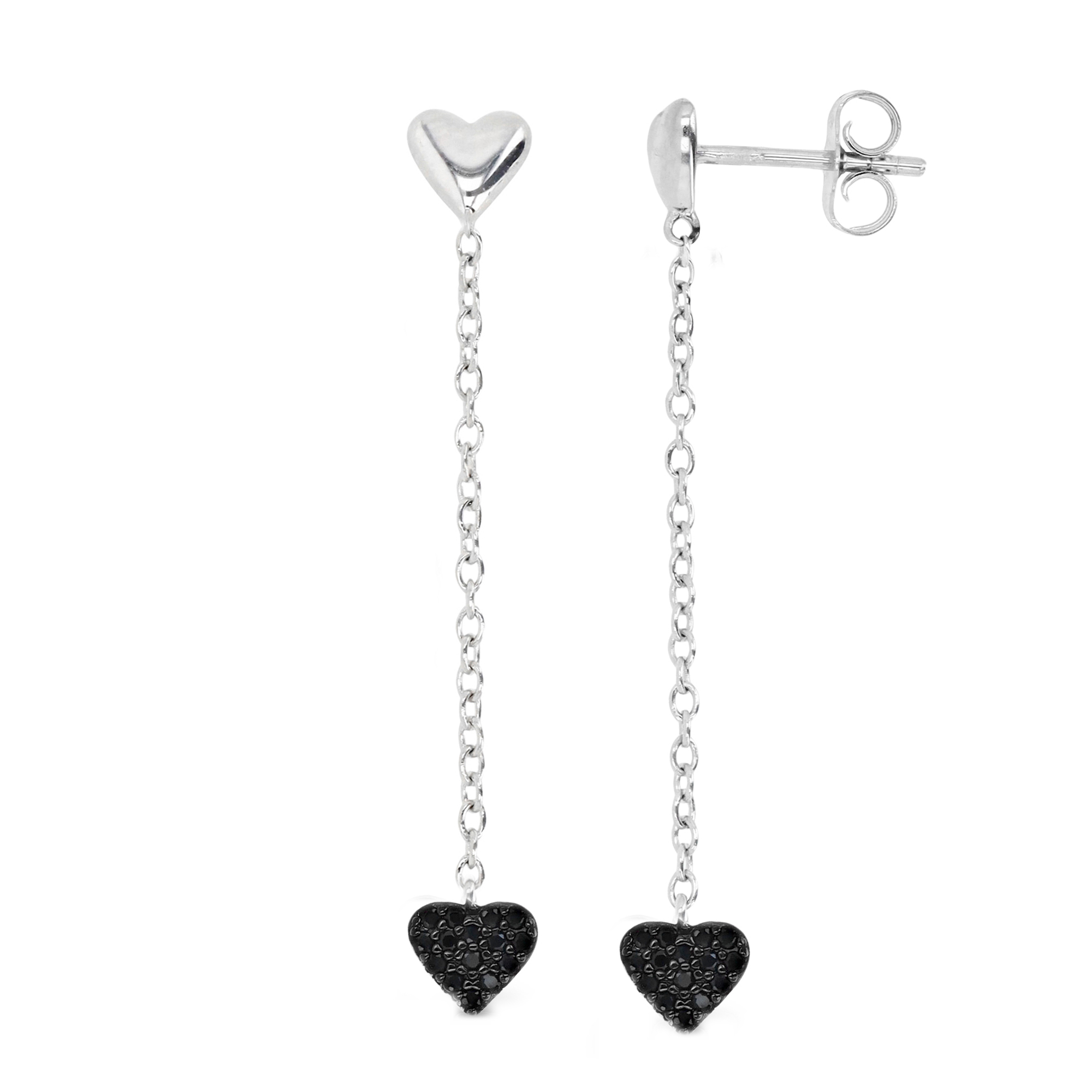 Sterling Silver Rhodium & Black Spinel Heart Dangling Earring