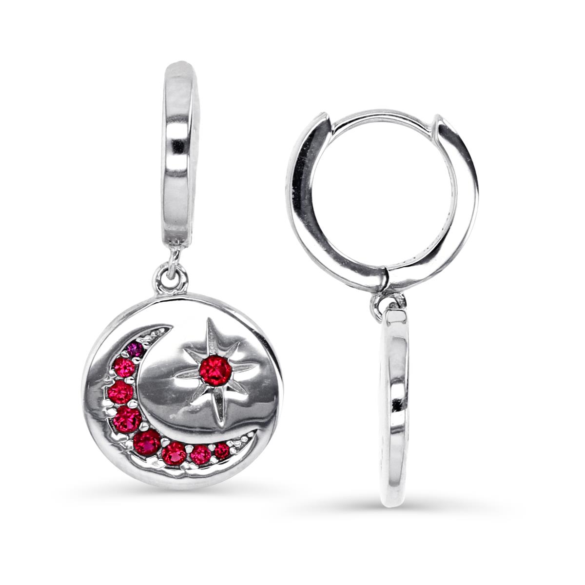 Sterling Silver Rhodium 26X11MM Cr Ruby #8 Moon & Star Dangling Huggie Earring