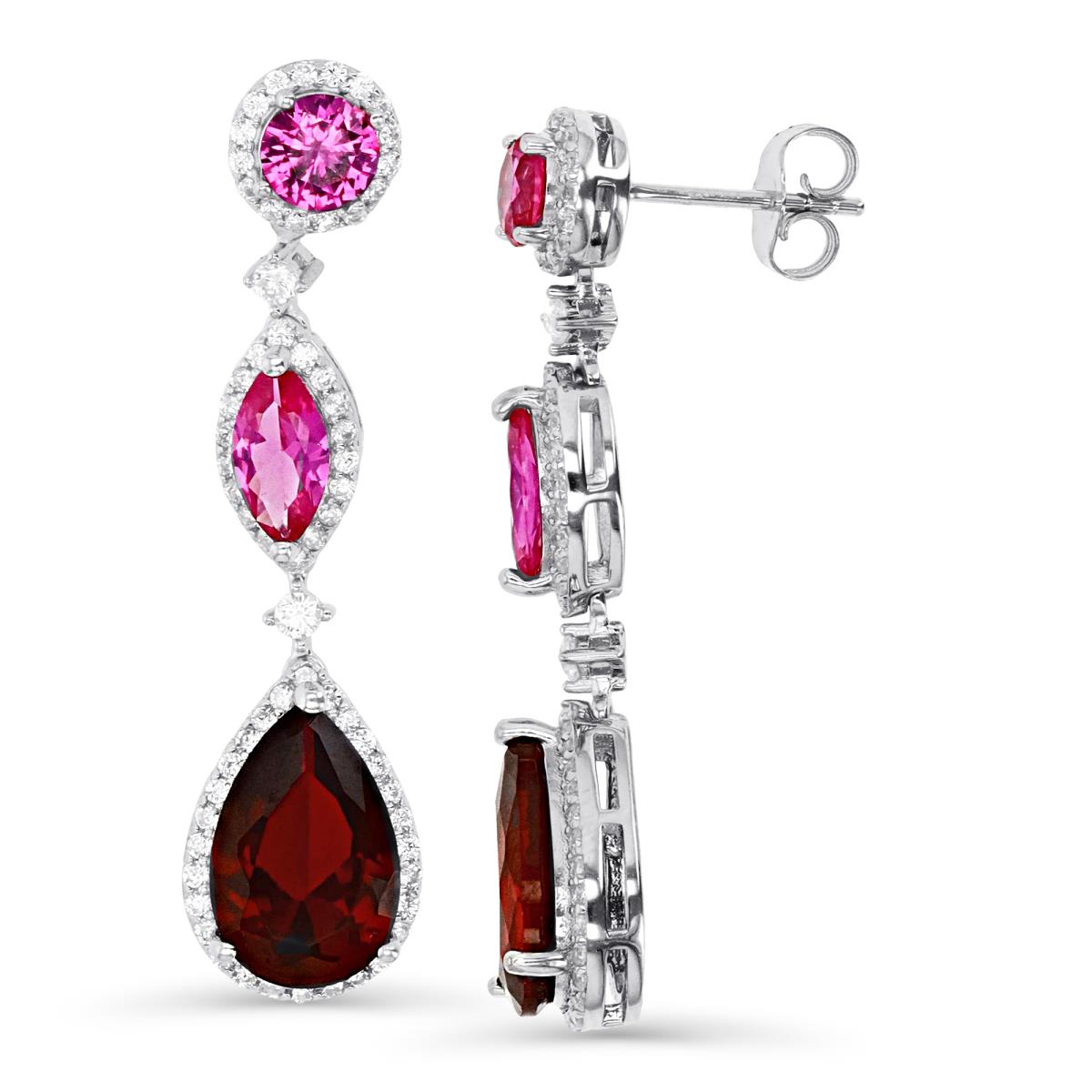 Sterling Silver Rhodium 40X10MM Polished Cr Ruby #8 /#3 & White CZ Rnd /Marquise & Pear Shape Halo Dangling Earring