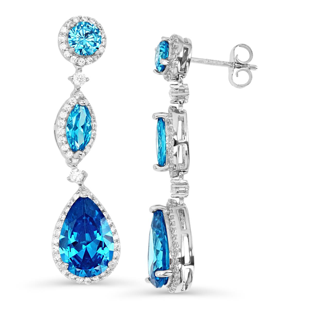 Sterling Silver Rhodium 40X10MM Polished London Blue / Swiss Blue  & White CZ Rnd /Marquise & Pear Shape Halo Dangling Earring