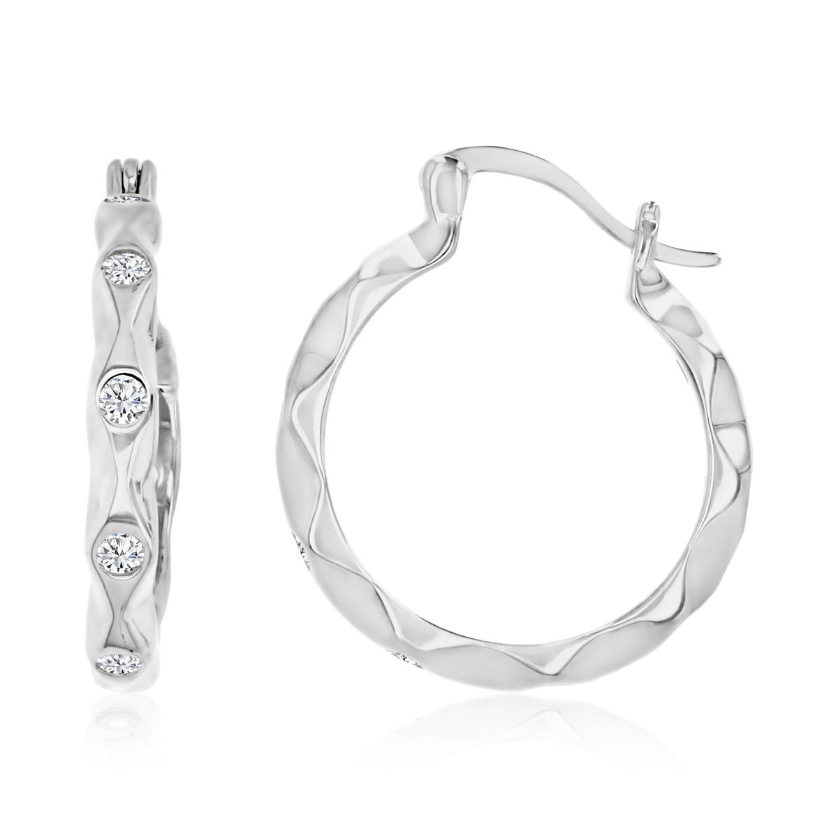Sterling Silver Rhodium 3MM Polished White CZ Rhombus Patterned Hoop Earring