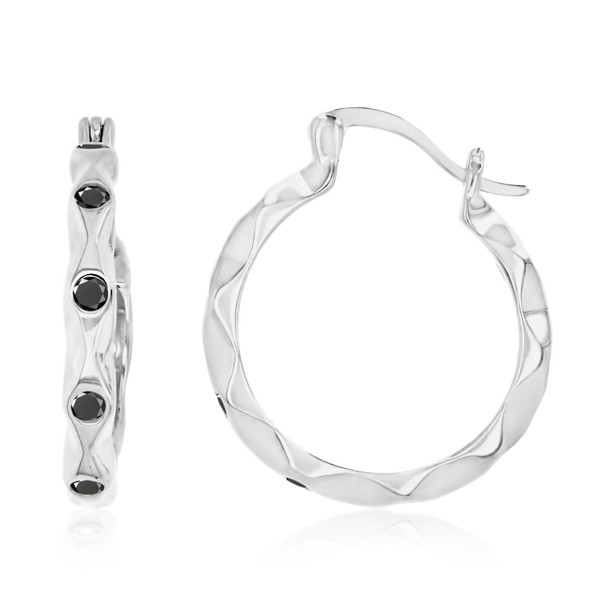 Sterling Silver Rhodium 3MM Polished Black Spinel Rhombus Patterned Hoop Earring