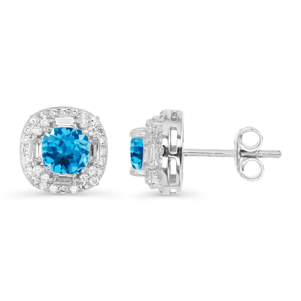Sterling Silver Rhodium & 5MM Cu Ct Med. Blue Center Stone and White CZ Halo Stud Earring