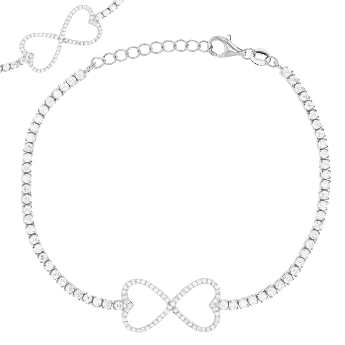 Sterling Silver Rhodium & White CZ Infinity Heart Tennis 7+1" Bracelet