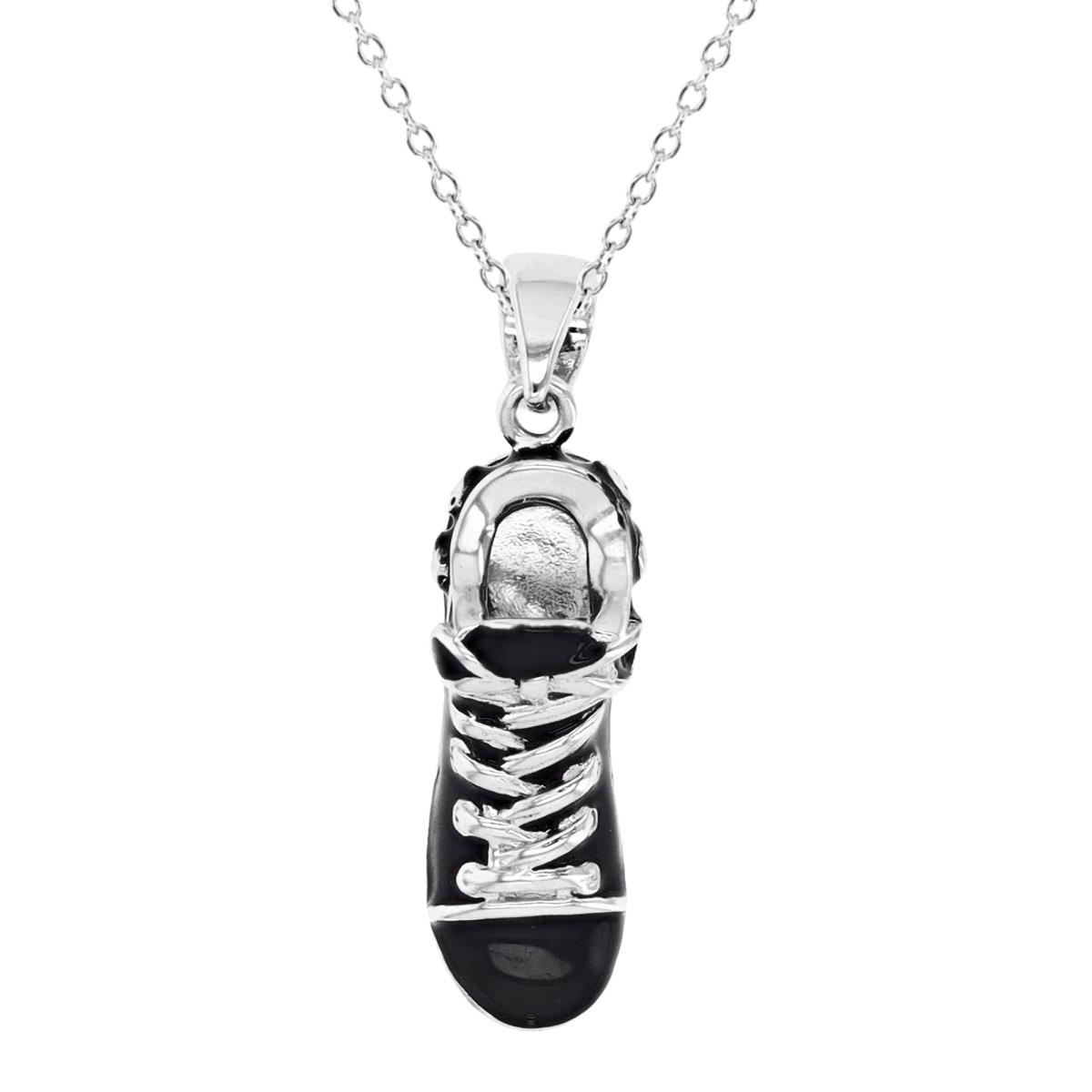 Sterling Silver Rhodium 25X7MM Polished Black & White Enamel Sneaker 18'' Rollo Necklace
