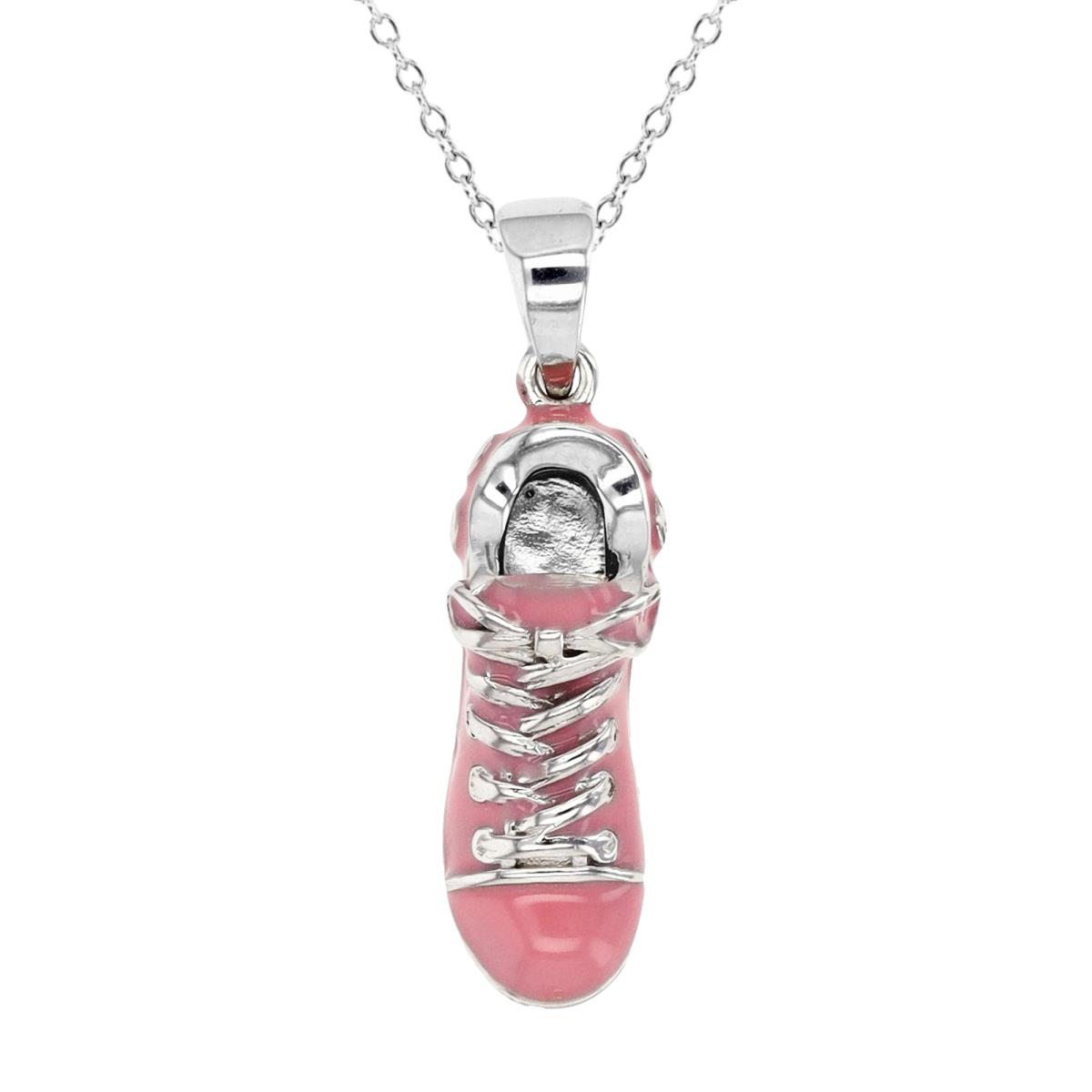 Sterling Silver Rhodium 25X7MM Polished Pink & White Enamel Sneaker 18'' Rollo Necklace