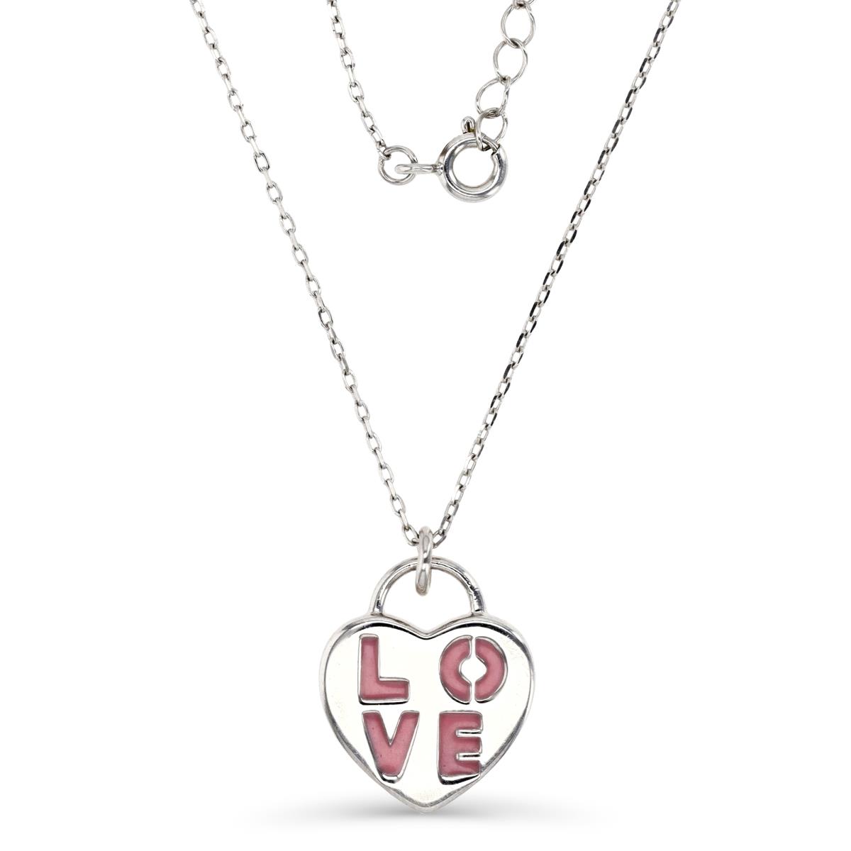 Sterling Silver Rhodium 12X11MM Polished Pink Enamel 'Love' Dangling Heart 13+2'' Necklace