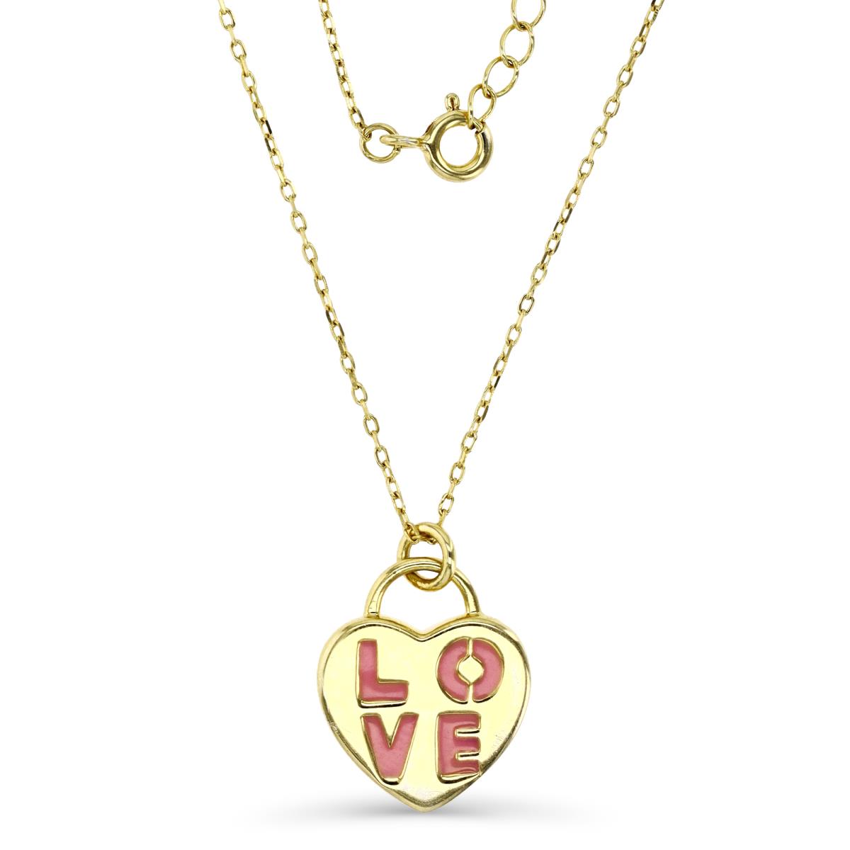 Sterling Silver Yellow 1M 12X11MM Polished Pink Enamel 'Love' Dangling Heart 13+2'' Necklace
