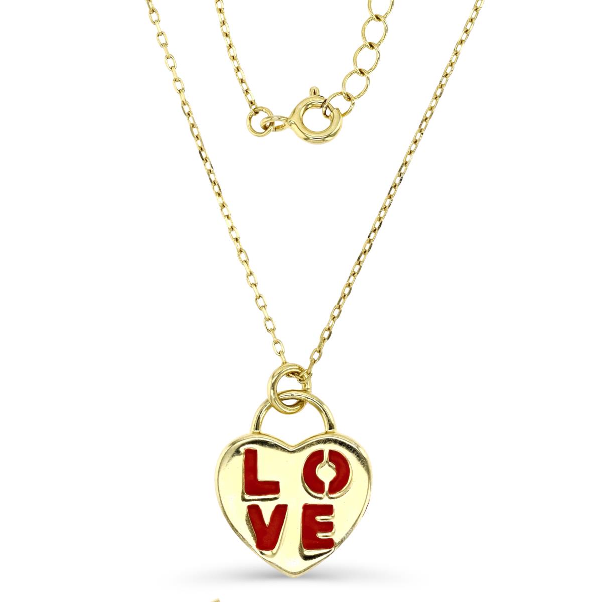 Sterling Silver Yellow 1M 12X11MM Polished Red Enamel 'Love' Dangling Heart 13+2'' Necklace