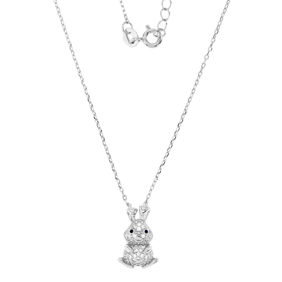 Sterling Silver Rhodium 16X10MM Polished Black & White CZ Bunny 13+2'' Necklace