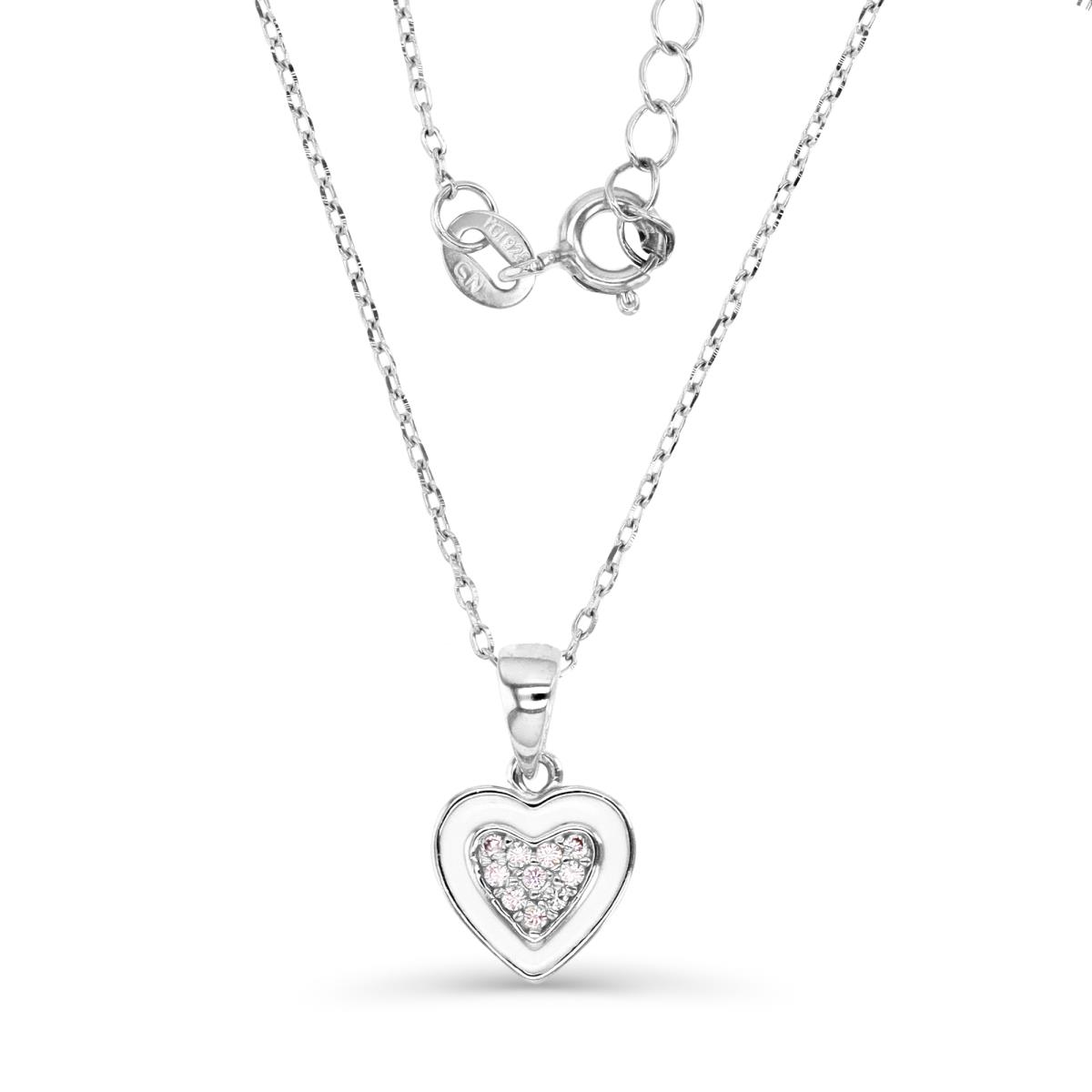 Sterling Silver Rhodium & Pink CZ and White Enemal Heart 18" Necklace