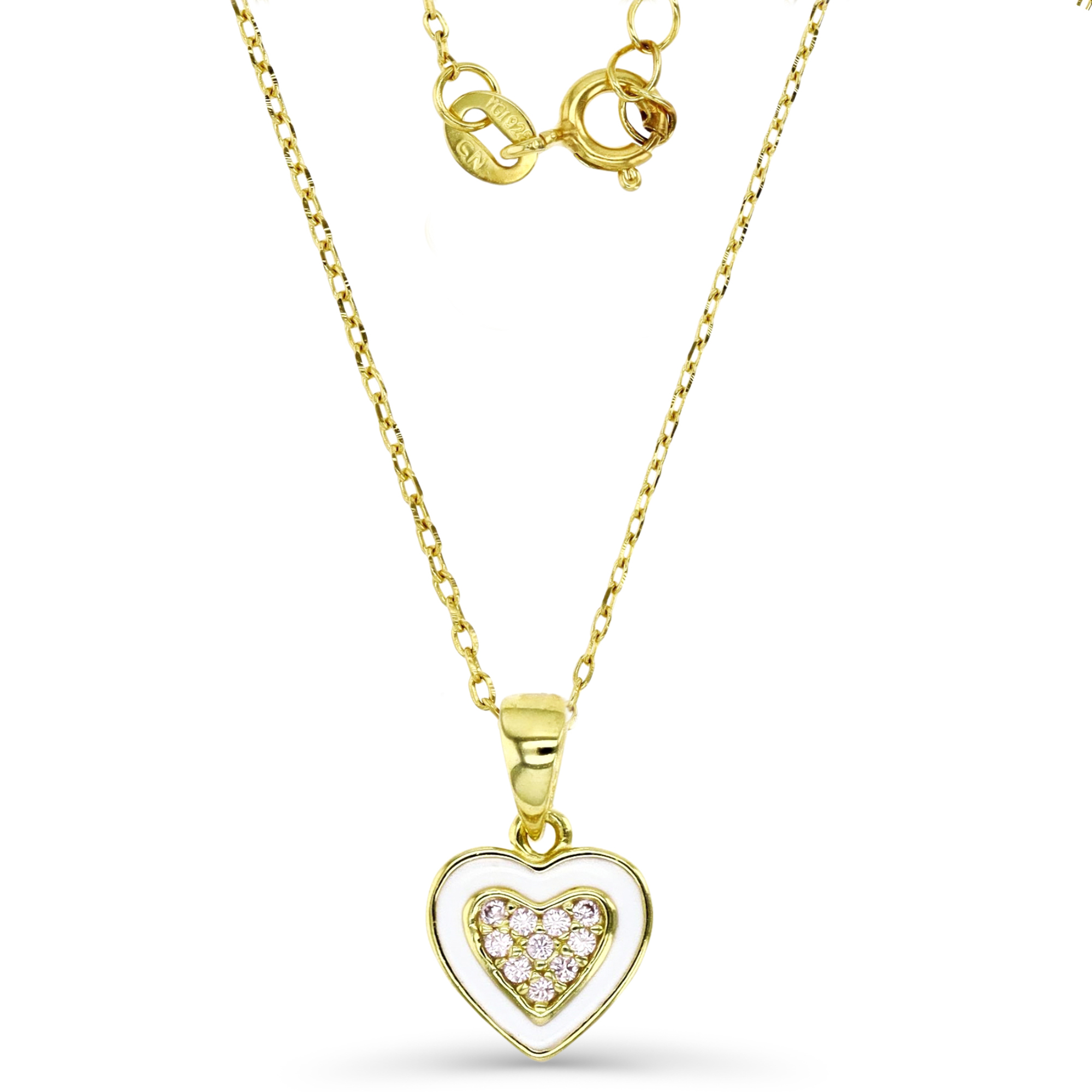 Sterling Silver Yellow  1M & Pink CZ and White Enamel Heart 18" Necklace