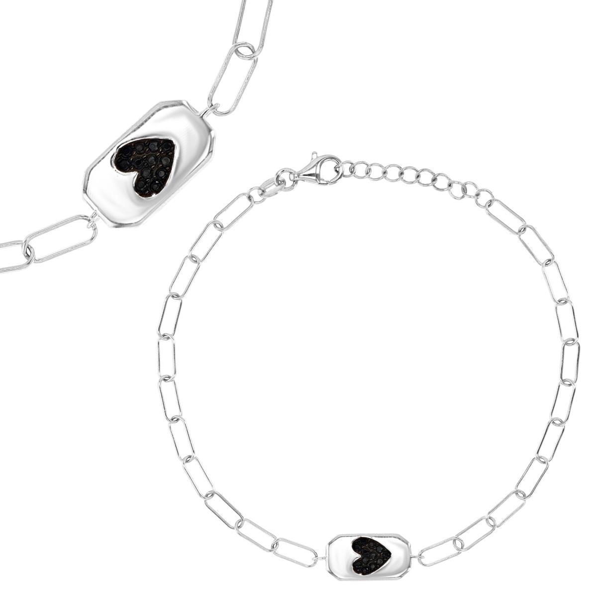 Sterling Silver Rhodium 14X8MM Polished Black Spinel Heart 7.25+1''Paperclip  Bracelet