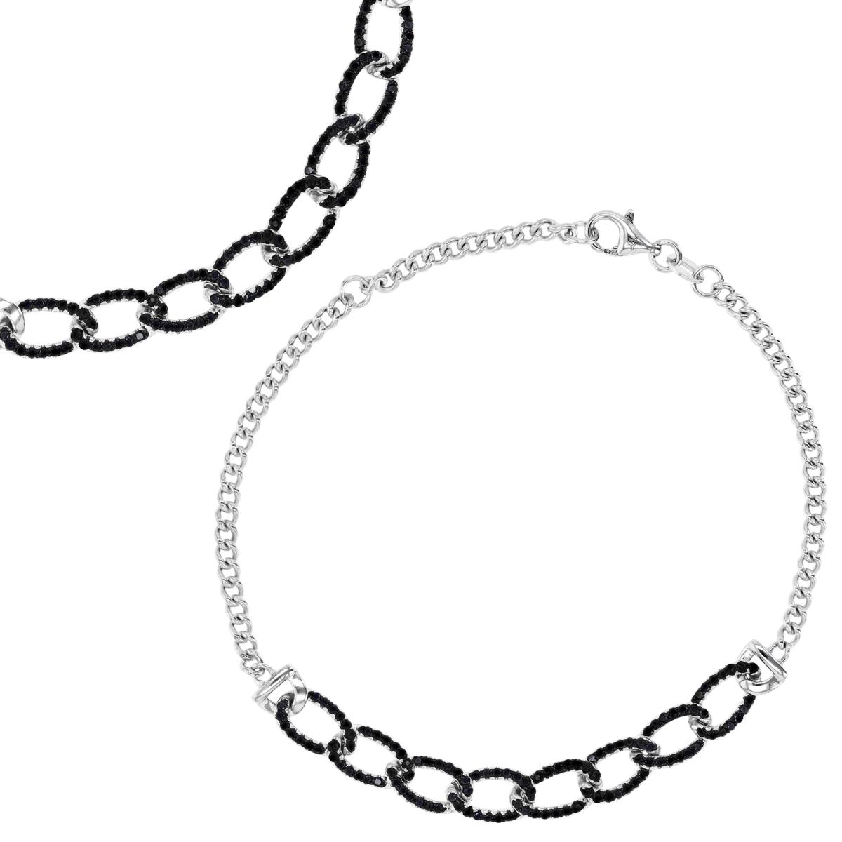 Sterling Silver Rhodium 6MM Polished  Black Spinel Pave Link 7+1'' Bracelet