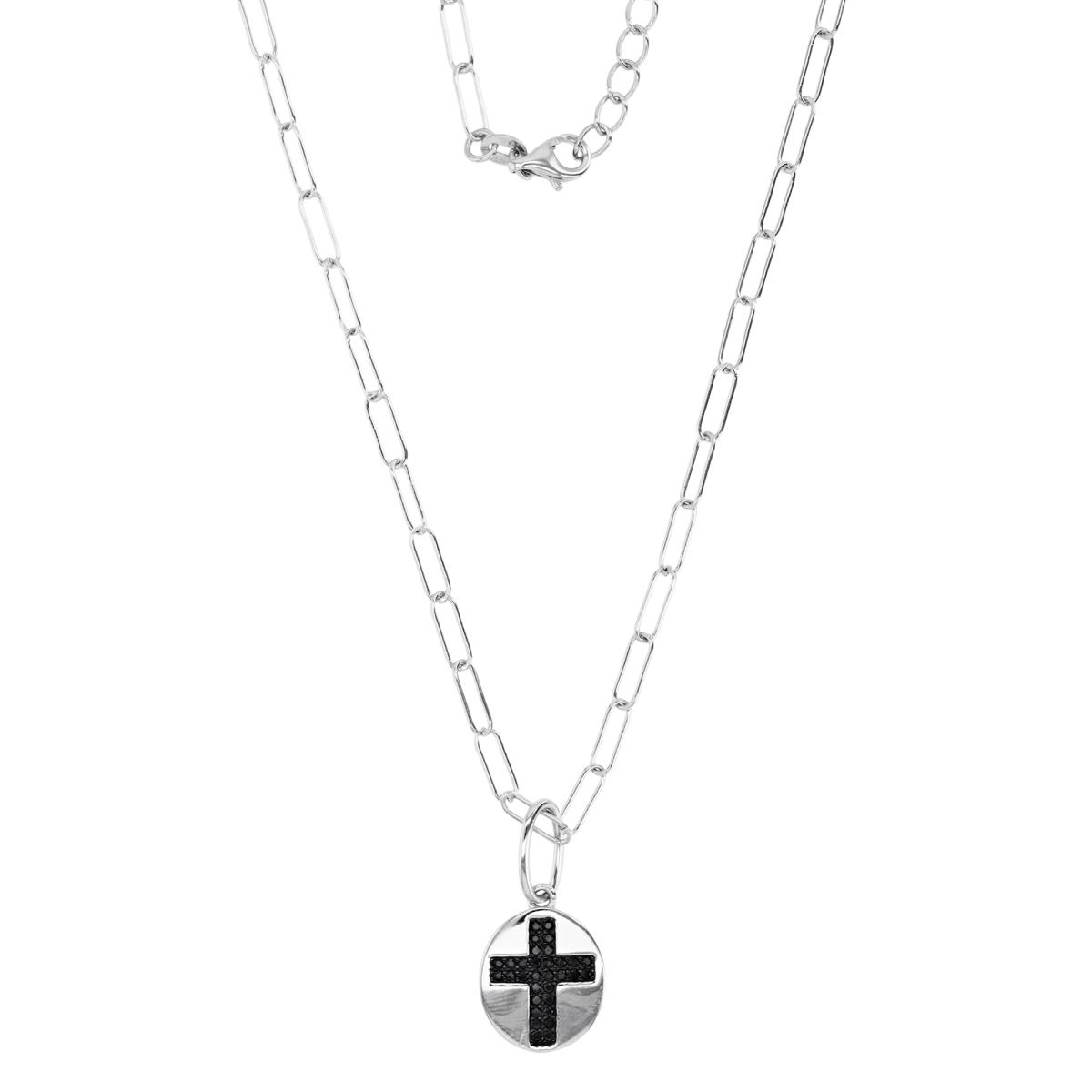 Sterling Silver Rhodium 27X13MM Polished Black Spinel Pave Cross 16+2'' Necklace