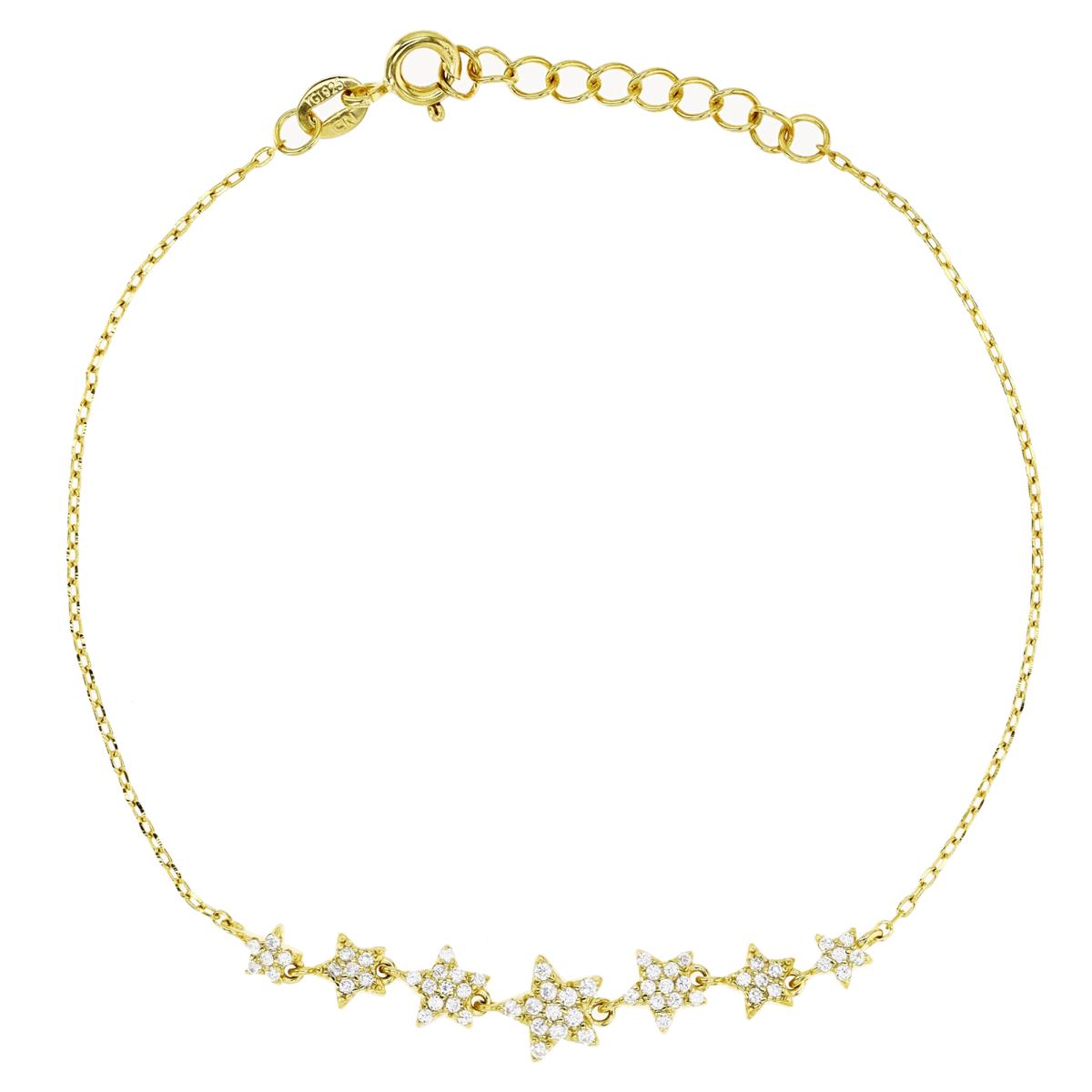 Sterling Silver Yellow 7MM Polished White CZ Pave Graduated Stars 7+1'' Bracelet