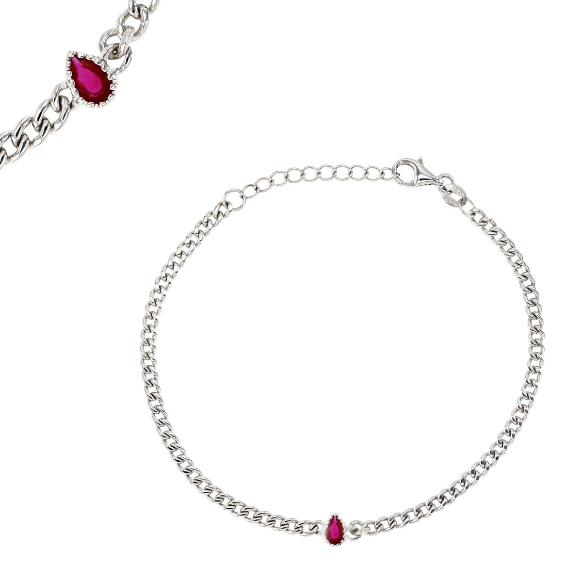Sterling Silver Rhodium 5MM Polished  Cr Ruby #8 Pear Shape 7+1'' Link  Bracelet