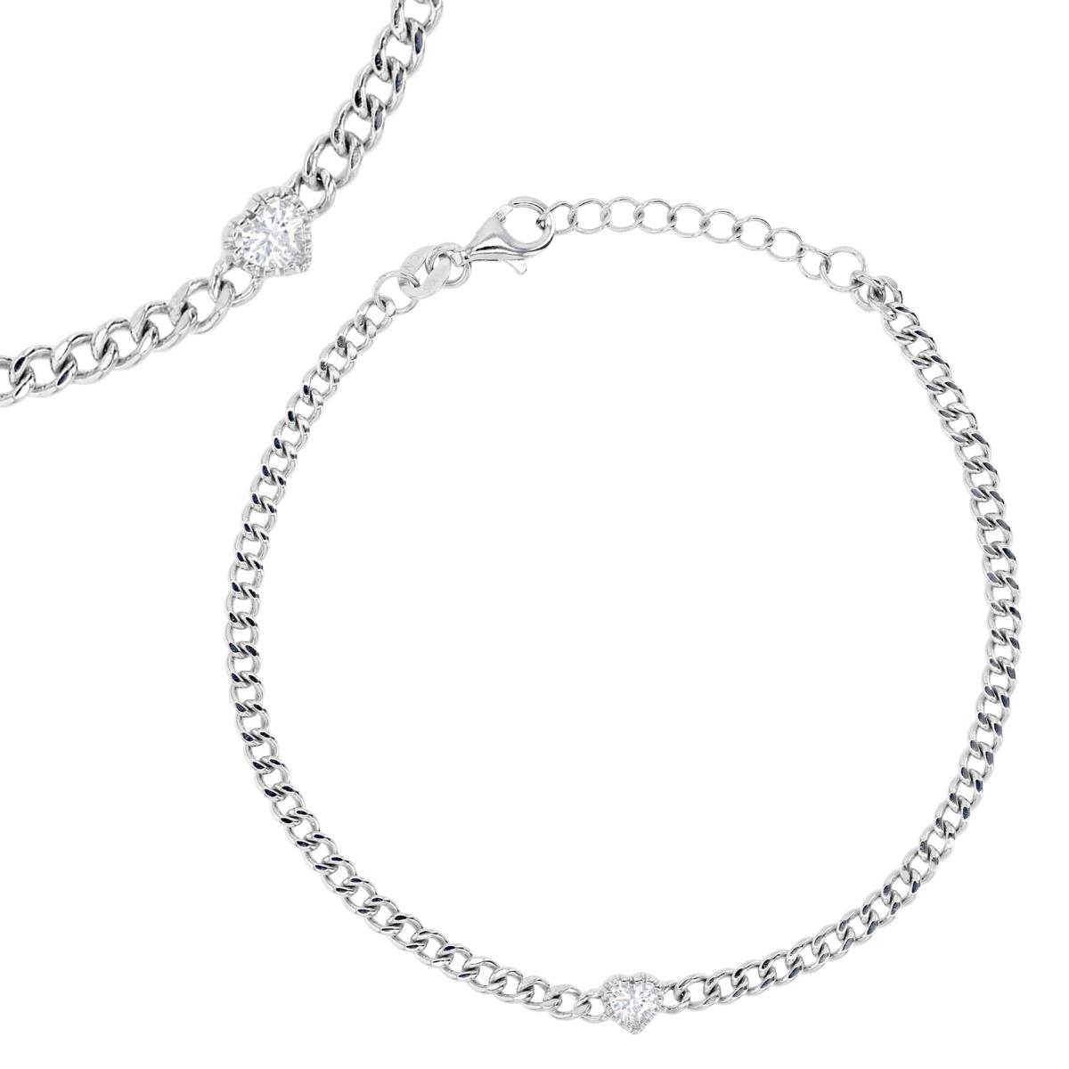 Brass Rhodium 4MM Polished White CZ Heart Shape 7+1'' Link Bracelet