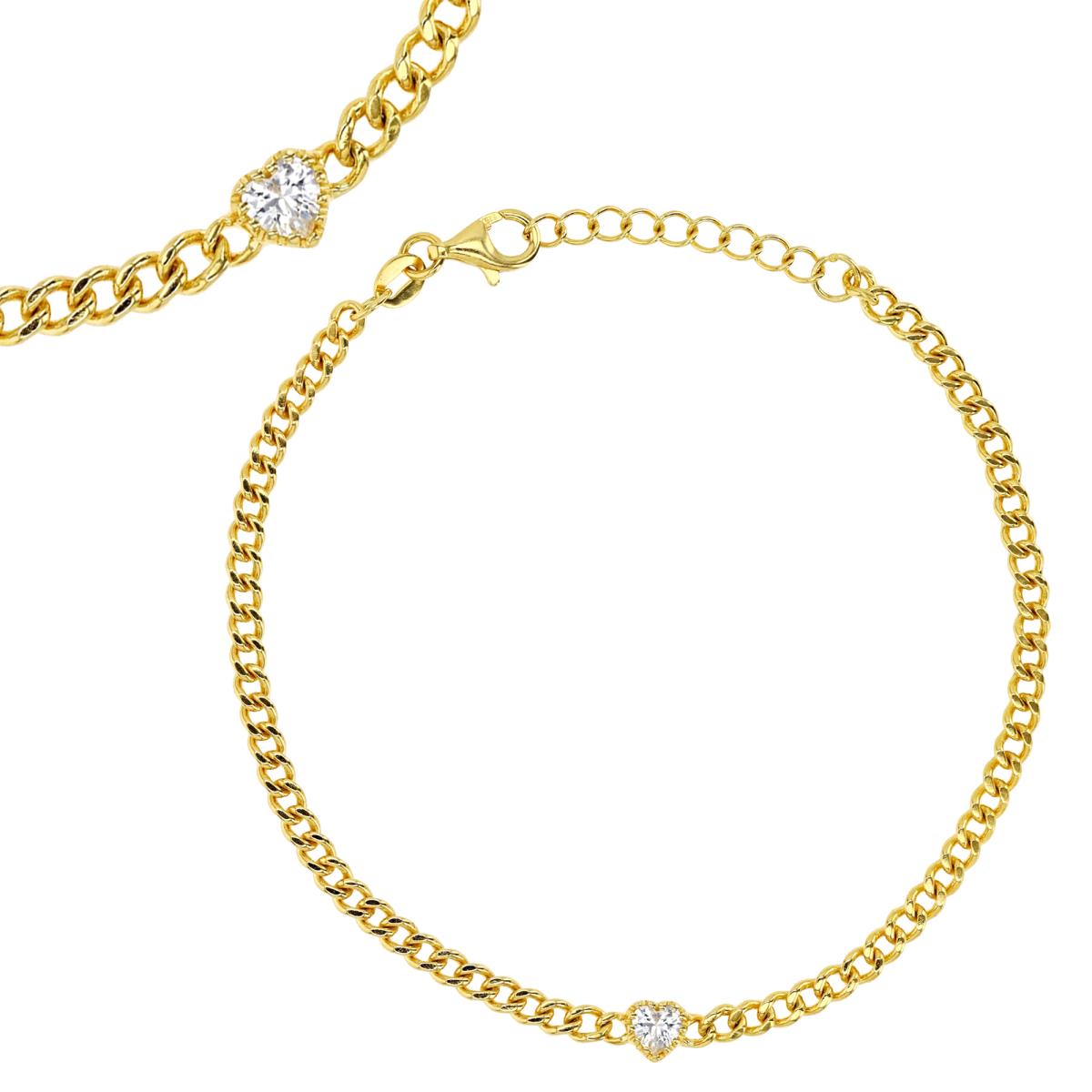 Brass Yellow 4MM Polished White CZ Heart Shape 7+1'' Link Bracelet