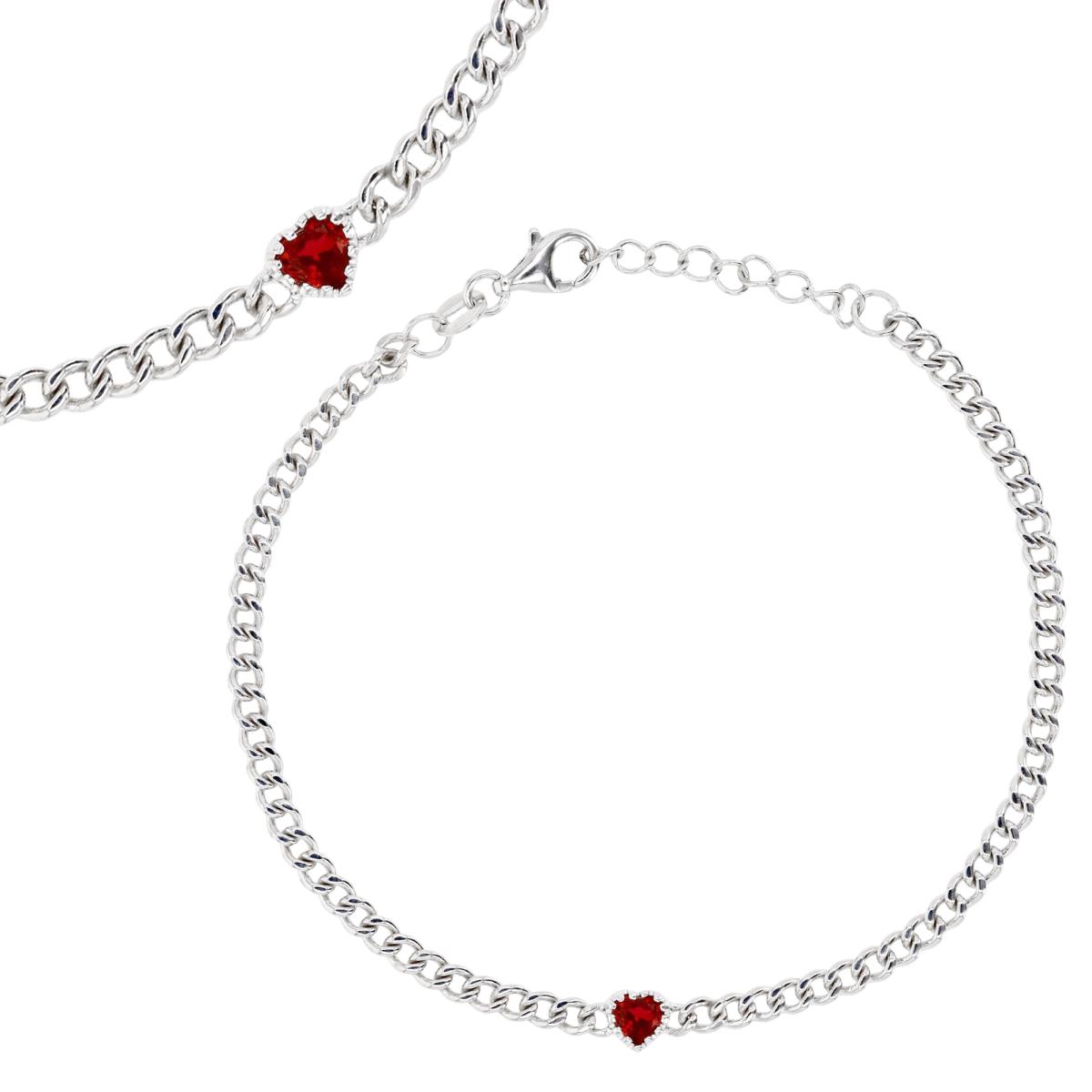 Sterling Silver Rhodium 4MM Polished Cr Ruby #8 Heart Shape 7+1'' Link Bracelet