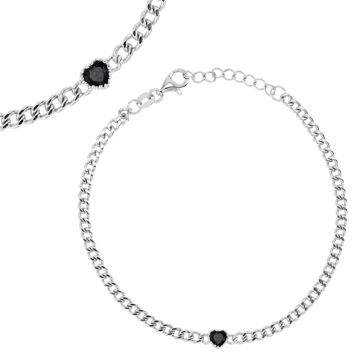 Sterling Silver Rhodium 4MM Polished Black Spinel Heart Shape 7+1'' Link Bracelet
