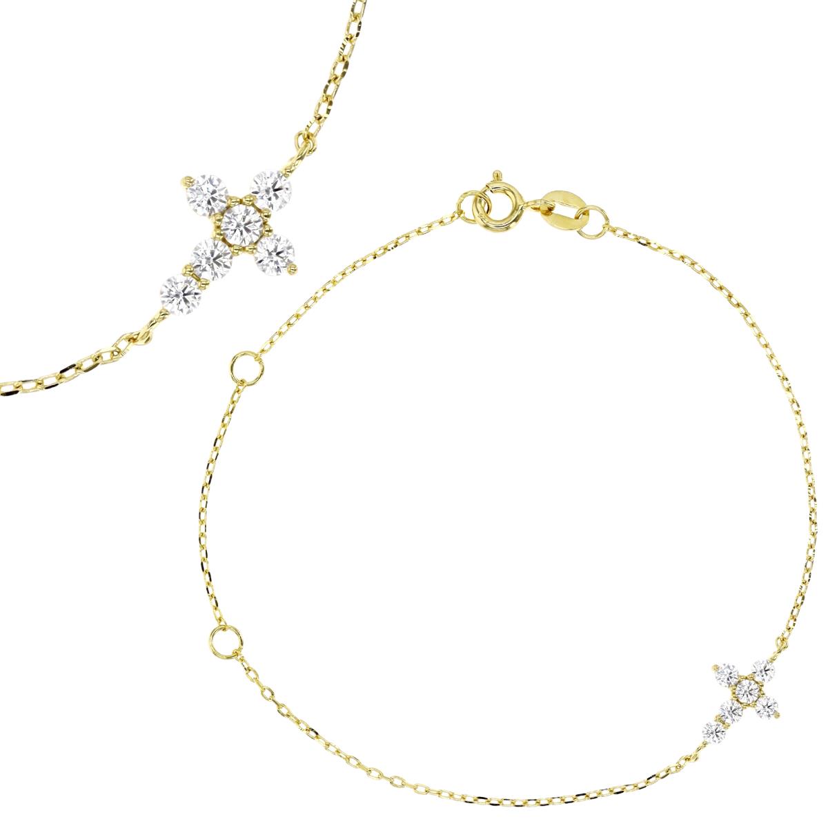 Sterling Silver Yellow 8MM Polished White CZ Cross 5+1+1'' Bracelet