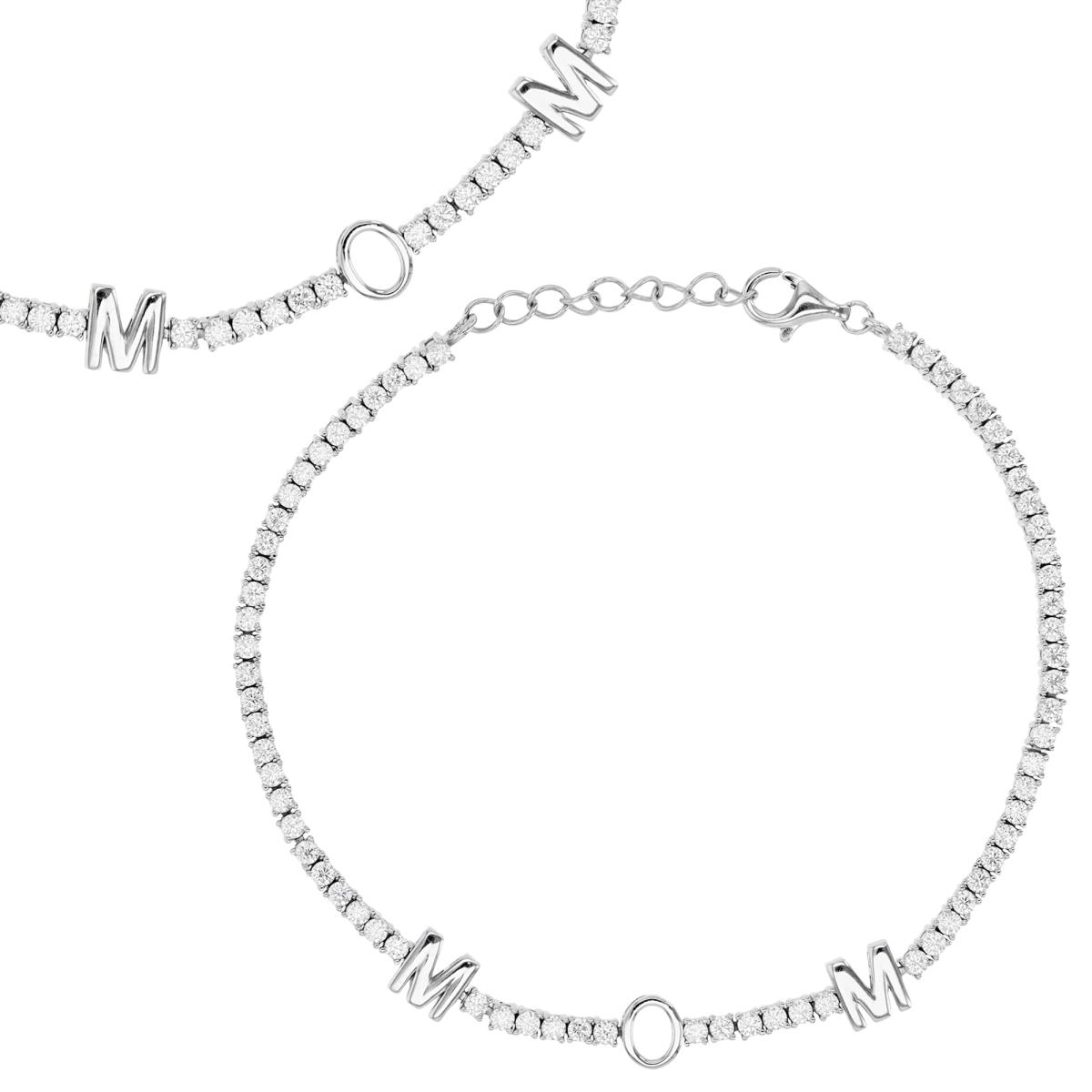 Sterling Silver Rhodium 6MM Polished White CZ 'MOM' Tennis 7+1'' Bracelet